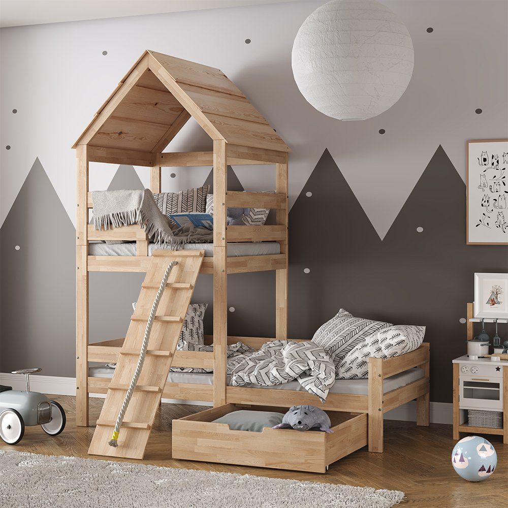 VitaliSpa® Hausbett Teddy, Naturholz, 90x200 cm mit Schublade