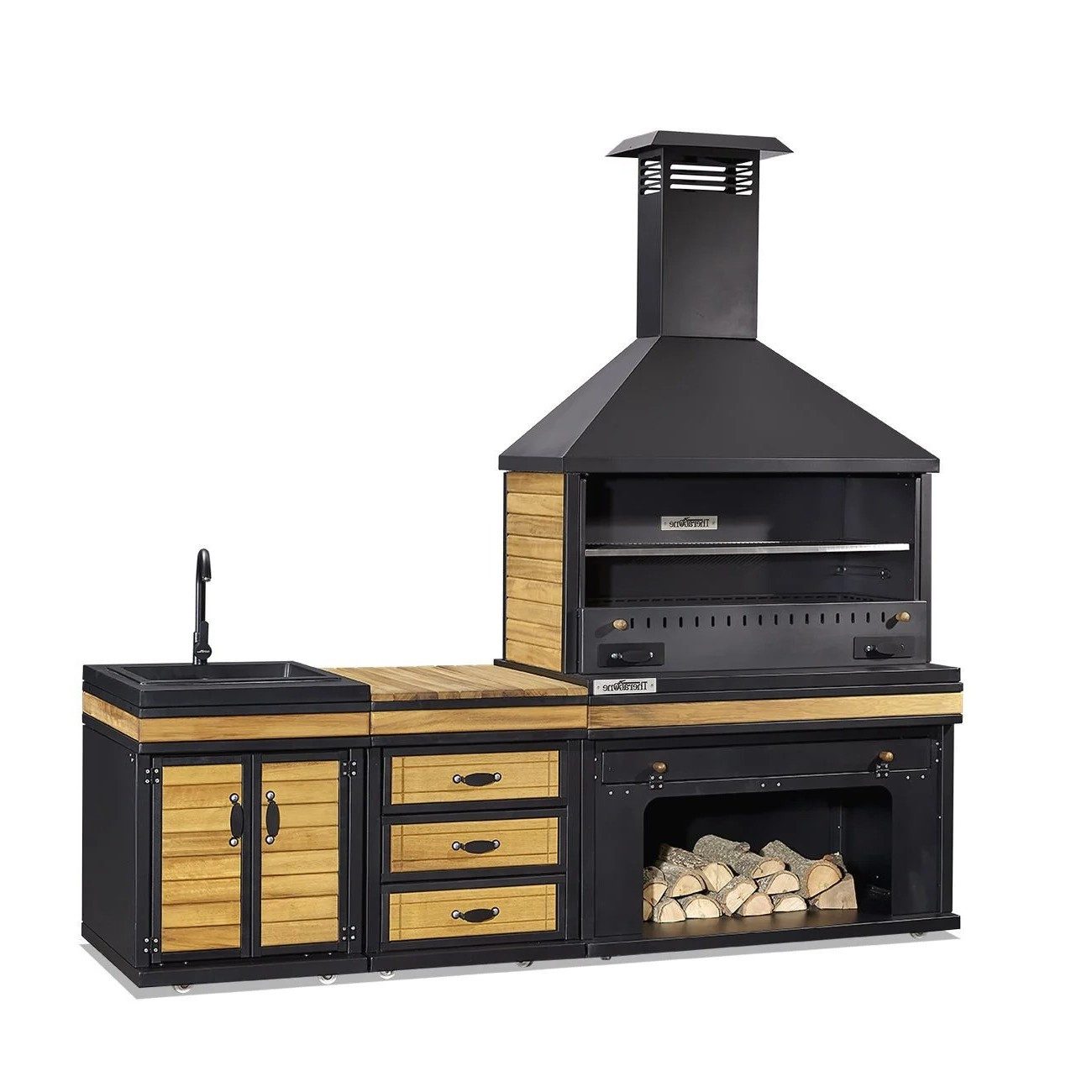 Xlmoebel Outdoor-Küche XLMOEBEL Außenküche aus Holz und Edelstahl in elegantem Schwarz, Made in Europa