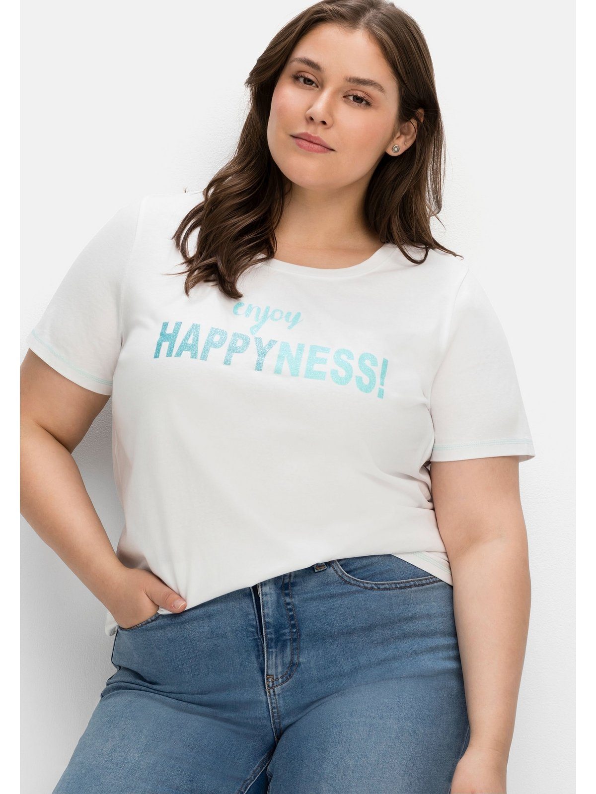 T-Shirt mit weiß Große bedruckt Sheego Größen tailliert Wordingprint, leicht