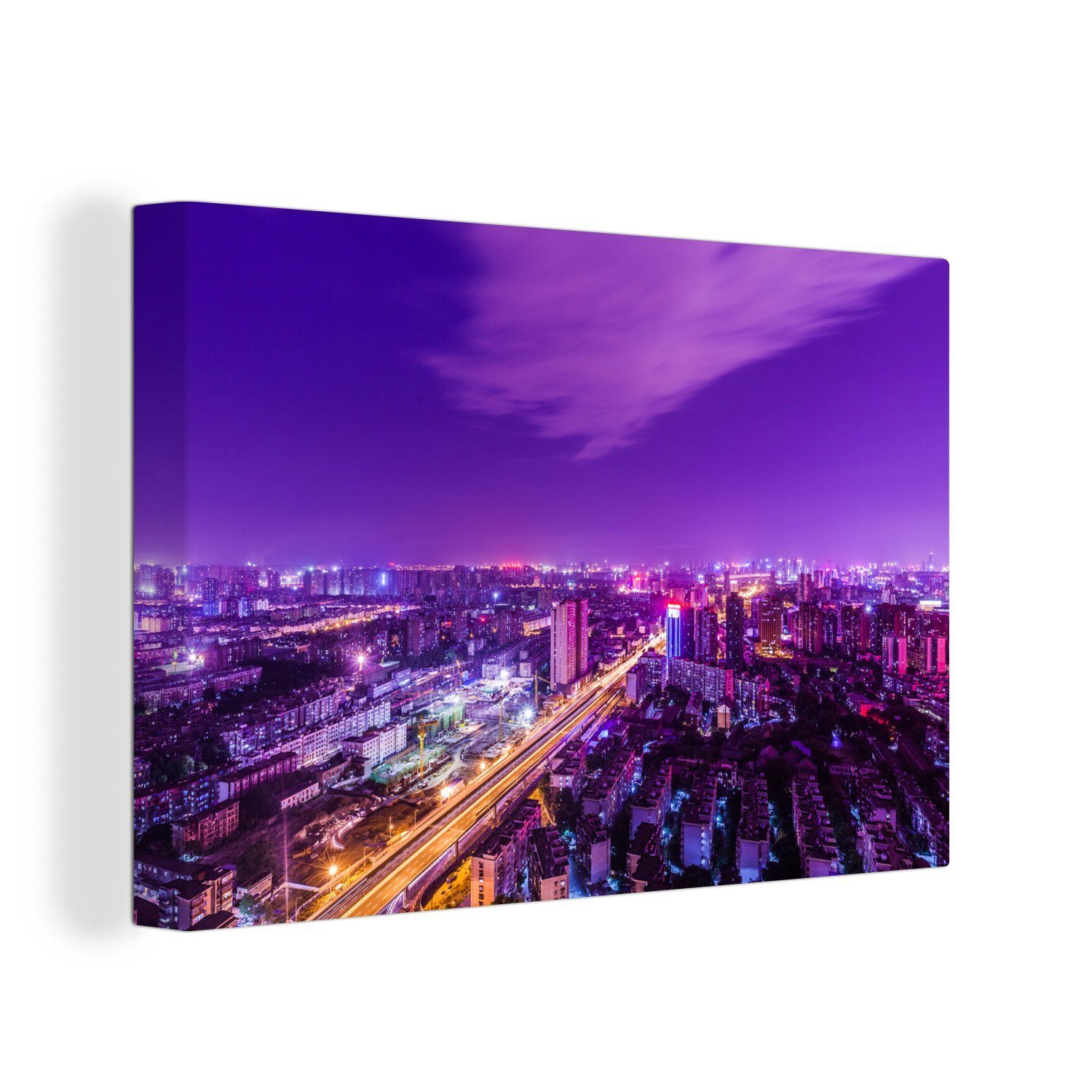 OneMillionCanvasses® Leinwandbild Violette Nachtszene von Wuhan, (1 St), Wandbild Leinwandbilder, Aufhängefertig, Wanddeko, 30x20 cm | Leinwandbilder