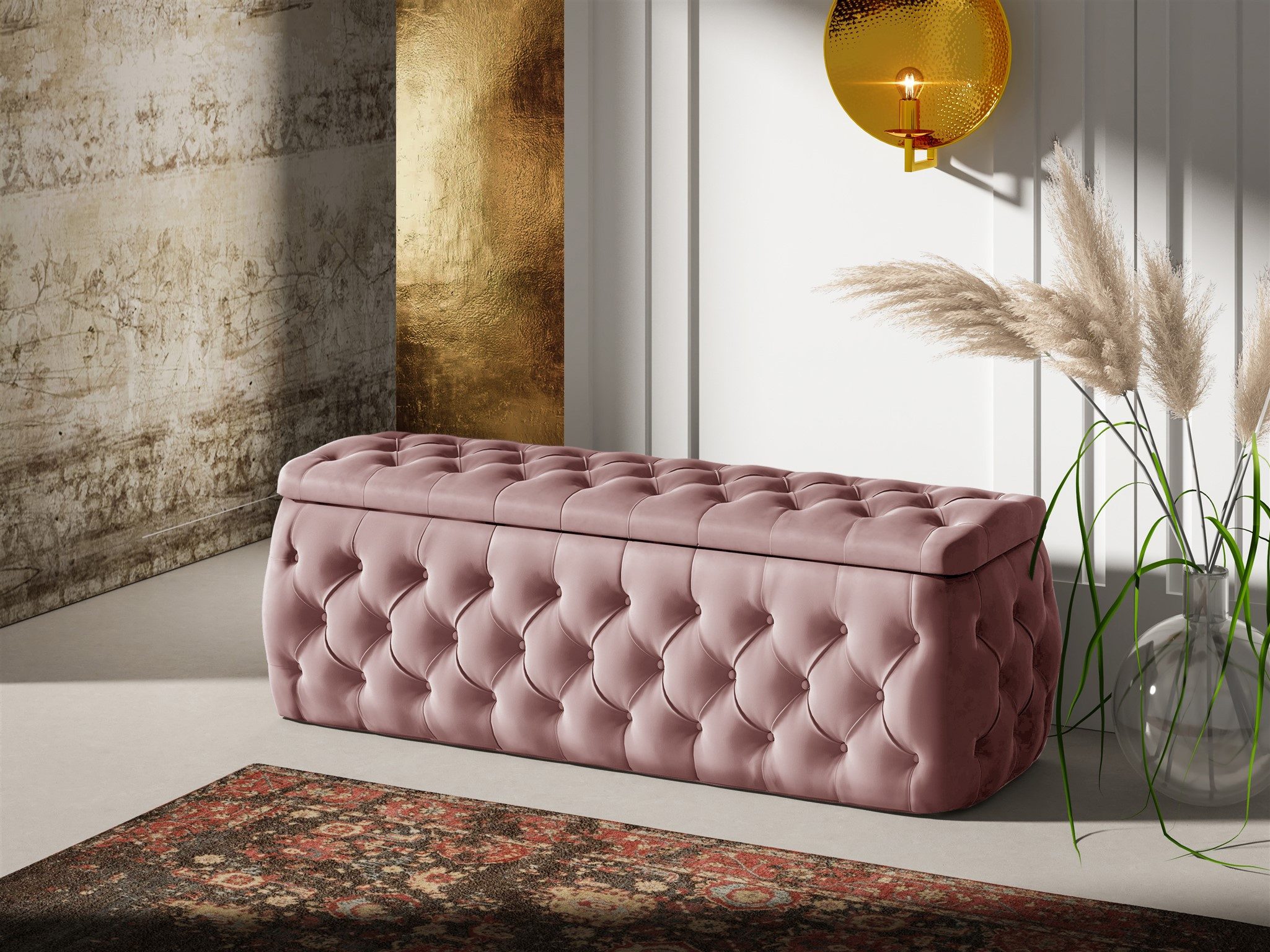 Fun Möbel Boxbett Schlafzimmerbett ERNESTO Nr.4 in Stoff Elisa Velvet (inkl. Topper, inkl. Bettkästen), inkl. 2 x Nachttisch mit Glasplatte, Polsterhocker und LED-Beleuchtung