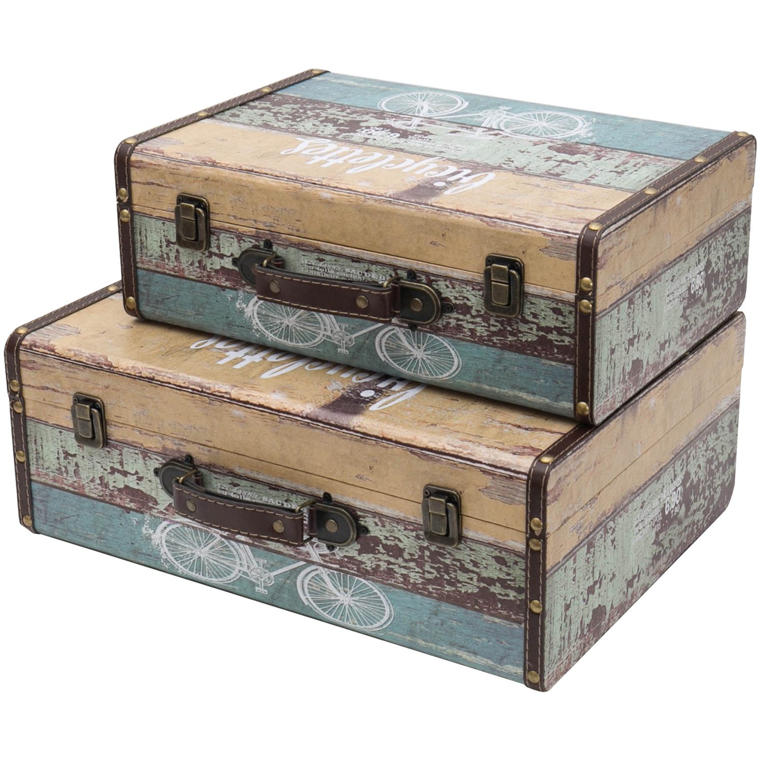 HMF Aufbewahrungsbox Vintage Koffer Holz, Aufbewahrungsbox mit Deckel und Ledergriff als (2er Set), Geschenkidee für Hochzeit oder Geburtstag, Fahrrad, 38 + 44 cm
