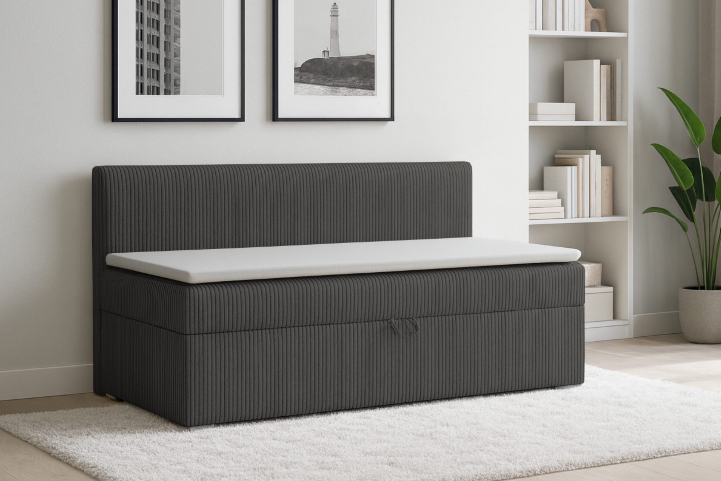 Deine Möbel 24 Boxspringbett MATEO Daybett Tagesbett Schlafsofa Couch Jugendsofa Stauraumbett (Vollwertiges 2-in-1 Möbelstück, in COrd-Stoff Cord-Bezug, 1-St., 90x200, 100x200 cm, Ecru, Beige, Hellgrau, Anthrazit, Schwarz), seitlich aufklappbarer Bettkasten für schnellen & praktischen Stauraum