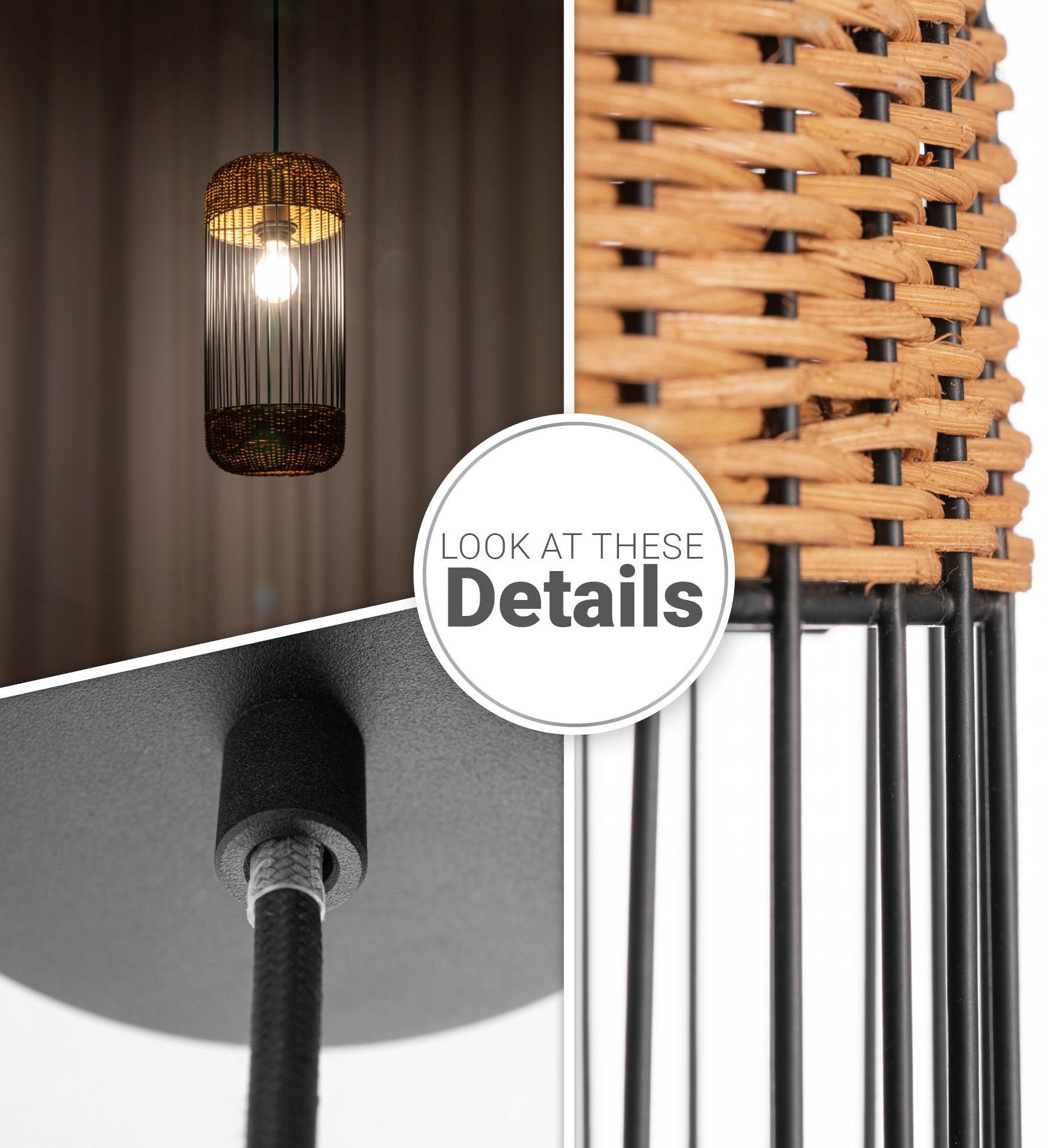 Paco Home Pendelleuchte Zylinder E27 Rattan Esszimmer Boho Rustikal PUSTA, Pendelleuchte Leuchtmittel, Lampe ohne