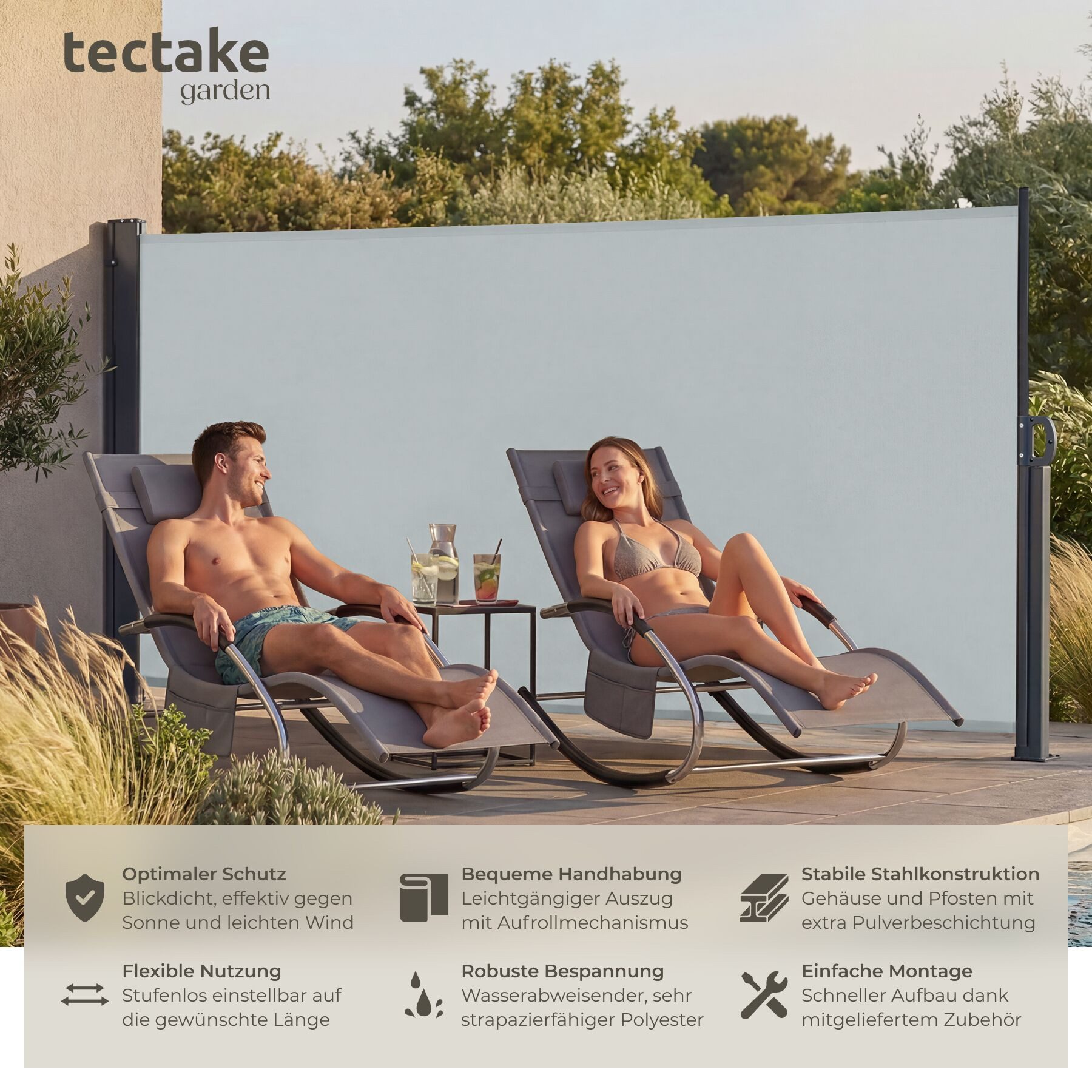tectake Seitenarmmarkise Garten Sichtschutz - ausziehbar, blickdicht, wetterfest (Balkonmarkise, in Grau) automatischer Aufrollmechanismus – Bild 2 von 5