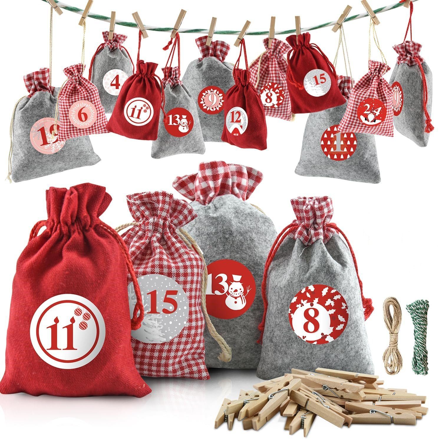 XDeer befüllbarer Adventskalender 24 Adventskalender Selber zum Befüllen,Adventskalender Säckchen, 24 Taschen Stoff Weihnachtskalender zum Aufhängen,Geschenke
