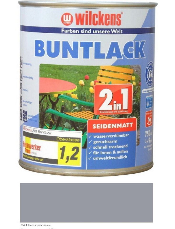 Wilckens Farben Lack 2in1 Buntlack 750 ml Seidenmatt Silbergrau RAL 7001 Silbergrau seidenmatt