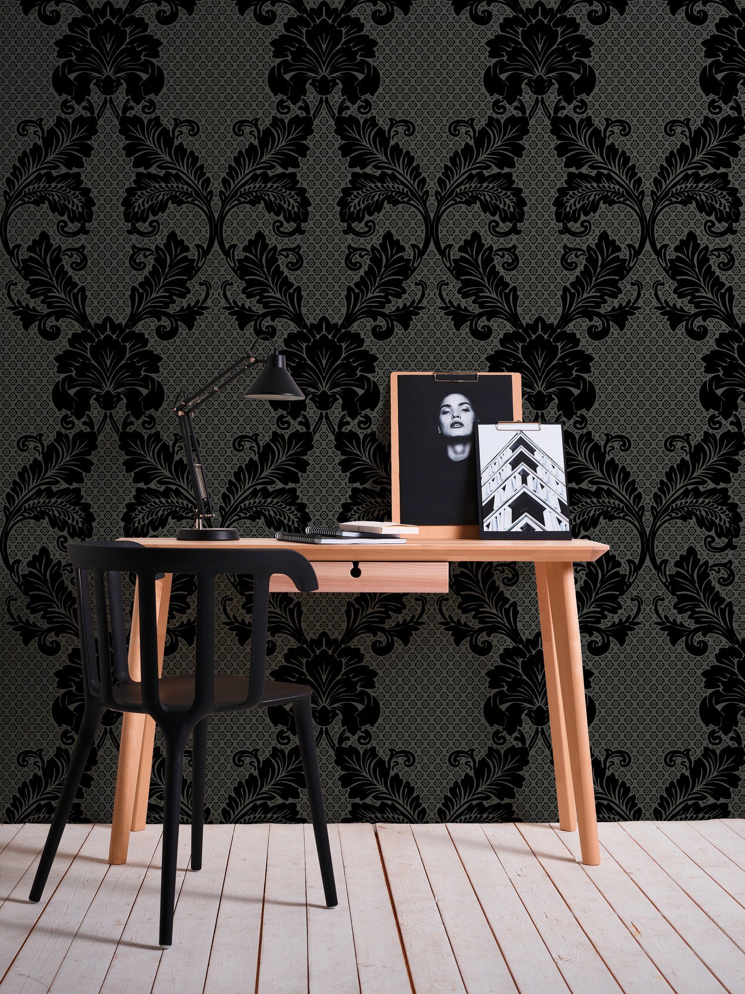Architects Paper Vliestapete Luxury wallpaper, Tapete Barock, schwarz/grau beflockt, Barock Ornament