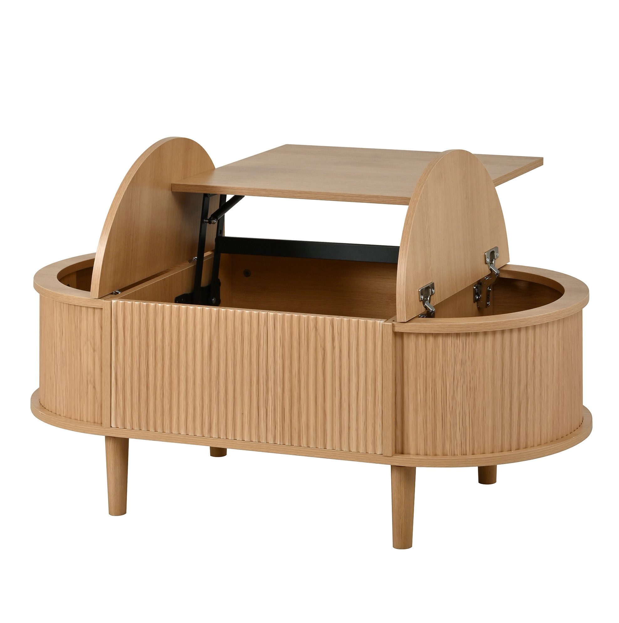 MODFU Couchtisch Stabiler Aufbewahrungstisch mit Hebefunktion & Stauraum (Packung, 1-St., Eiche, Massivholzbeine, für Wohnzimmer & Büro), 100×53,5×48 cm, Klappdeckel, MDF
