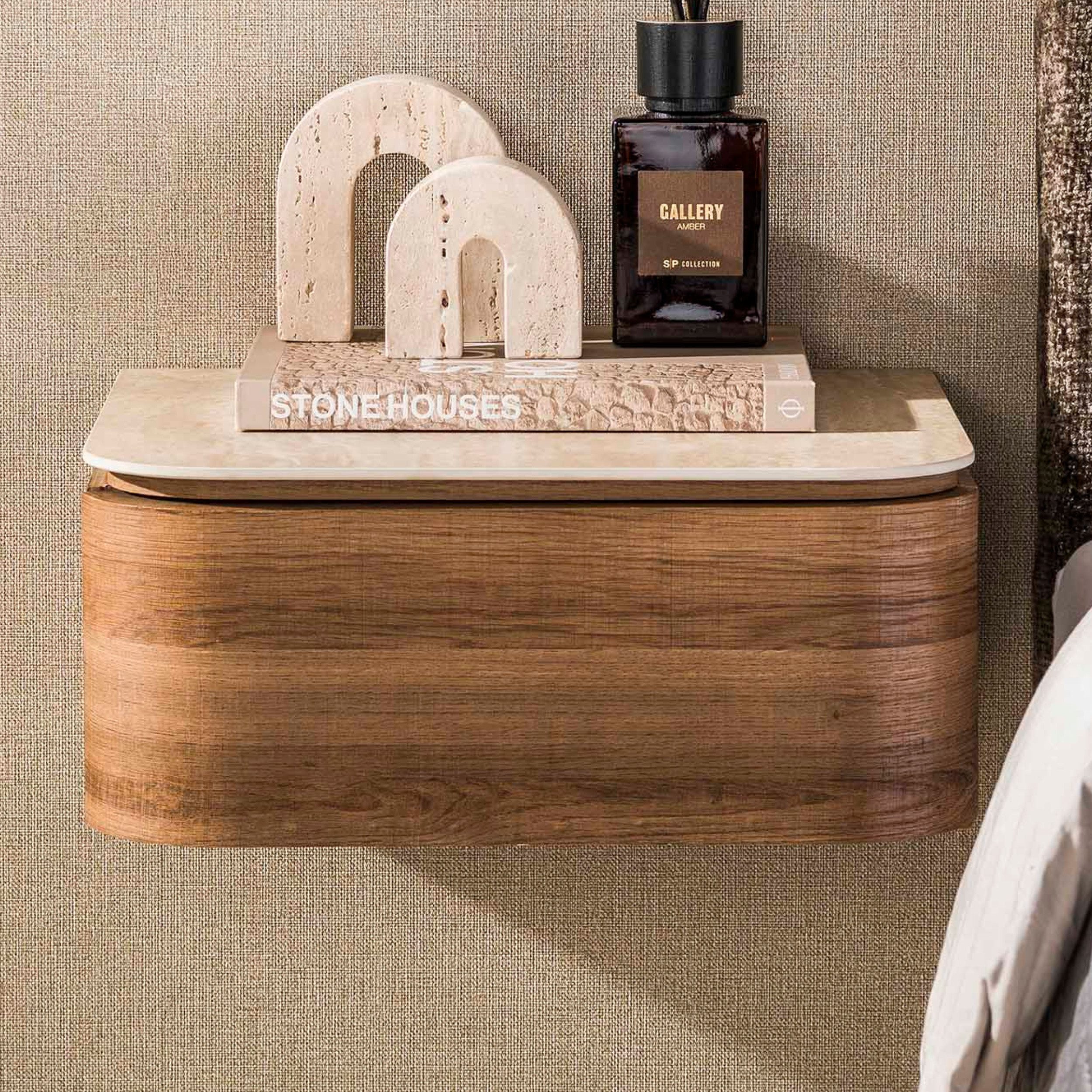 alesvelt Nachttisch CASSETTO TRAVERTIN Schwebende Konsole mit abgerundeten Kanten (1-Tisch), 45x40x19cm, Travertin-Design, Eichenholzoptik