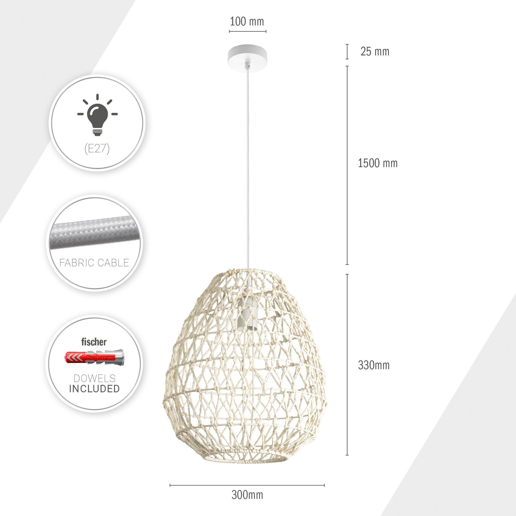 Optik ohne Boho Rattan Skandi E27 Home Pendelleuchte KAGEEG, Esszimmerlampe Paco Leuchtmittel,