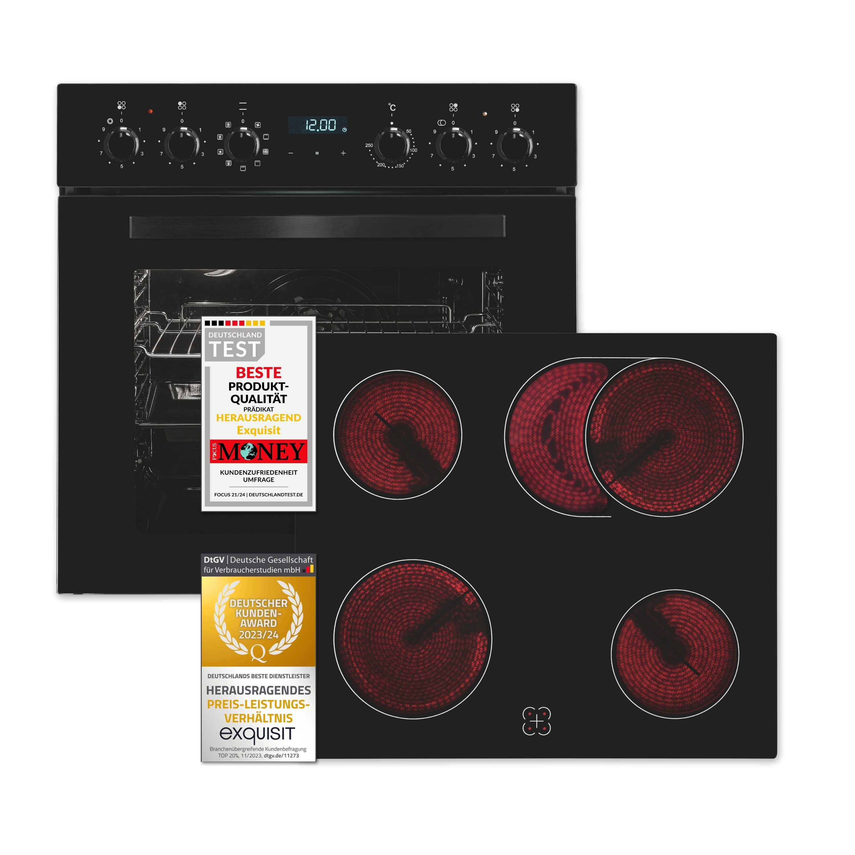 exquisit Elektro-Herd-Set EHE285-HBZ-020schwarz, Heißluft:Braten mit knuspriger Kruste,Pizzastufe für die Pizza zuhause