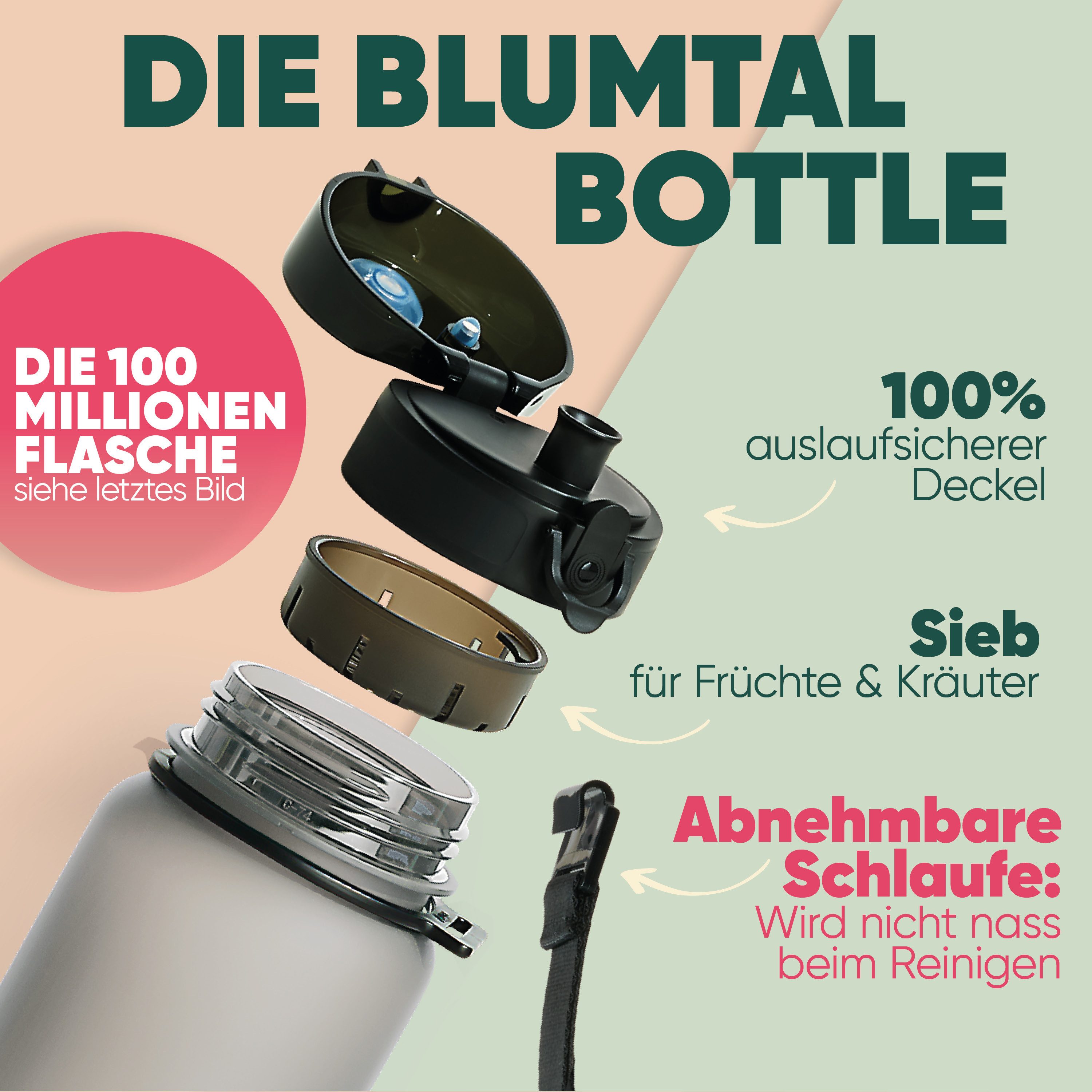 Blumtal Trinkflasche auslaufsichere Trinkflasche Sport + 1-Klick-Verschluss, BPA-freie Wasserflasche mit Sieb - spülmaschinenfest