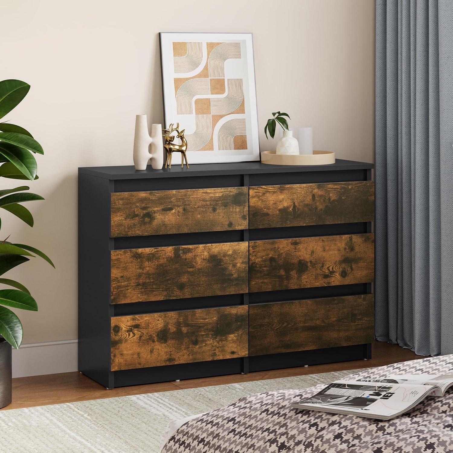 LuxusKollektion Kommode Kommode 6 Schubladen 100 x 30 x 70 cm modern schwarz-braun