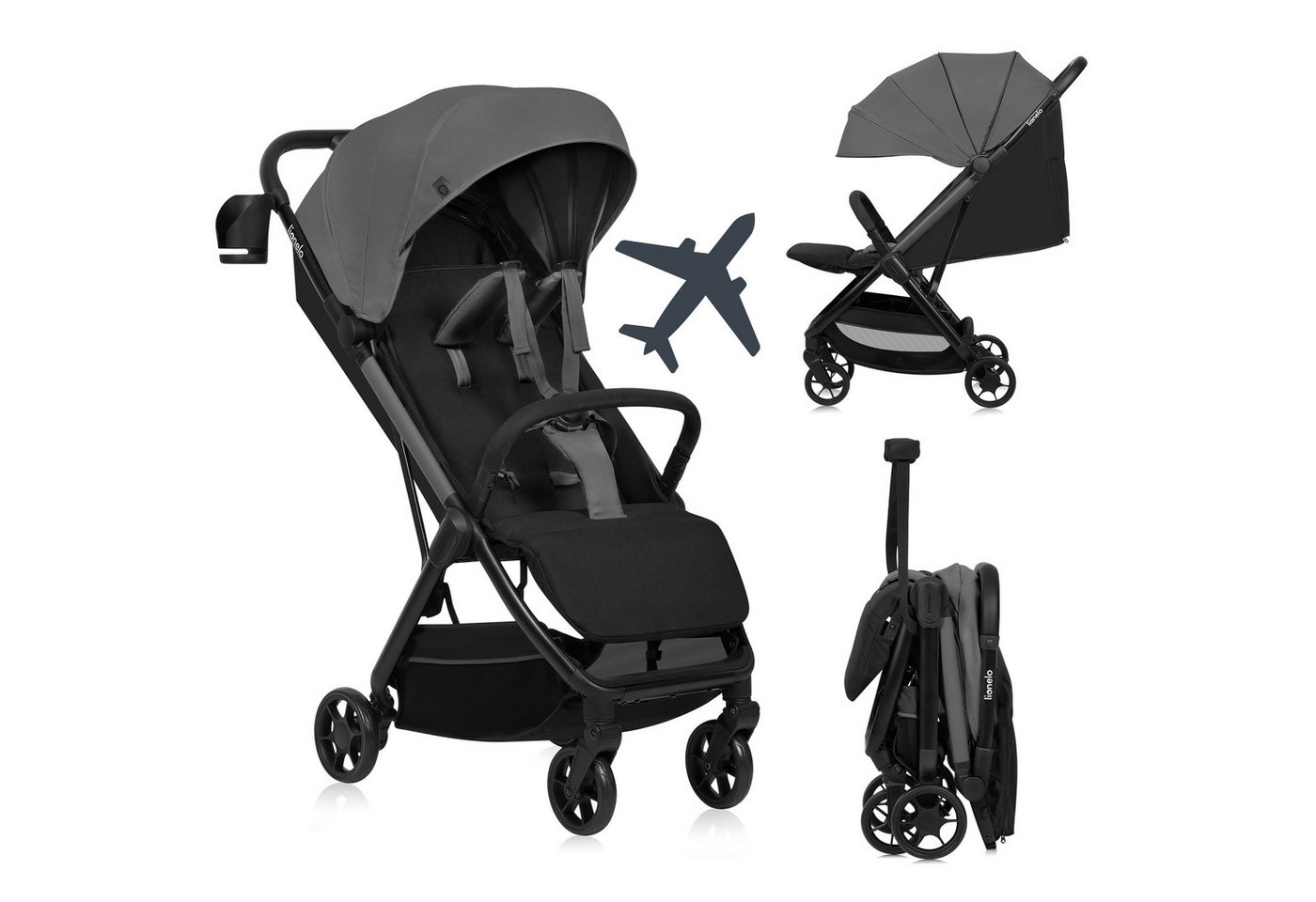 lionelo Kinder-Buggy JULIE AIR, (Set mit Becherhalter und Tragegurt für den Transport auf der Schulter), Auto-folding/Ultraleicht/UPF50+/Liegeposition/360°Rader