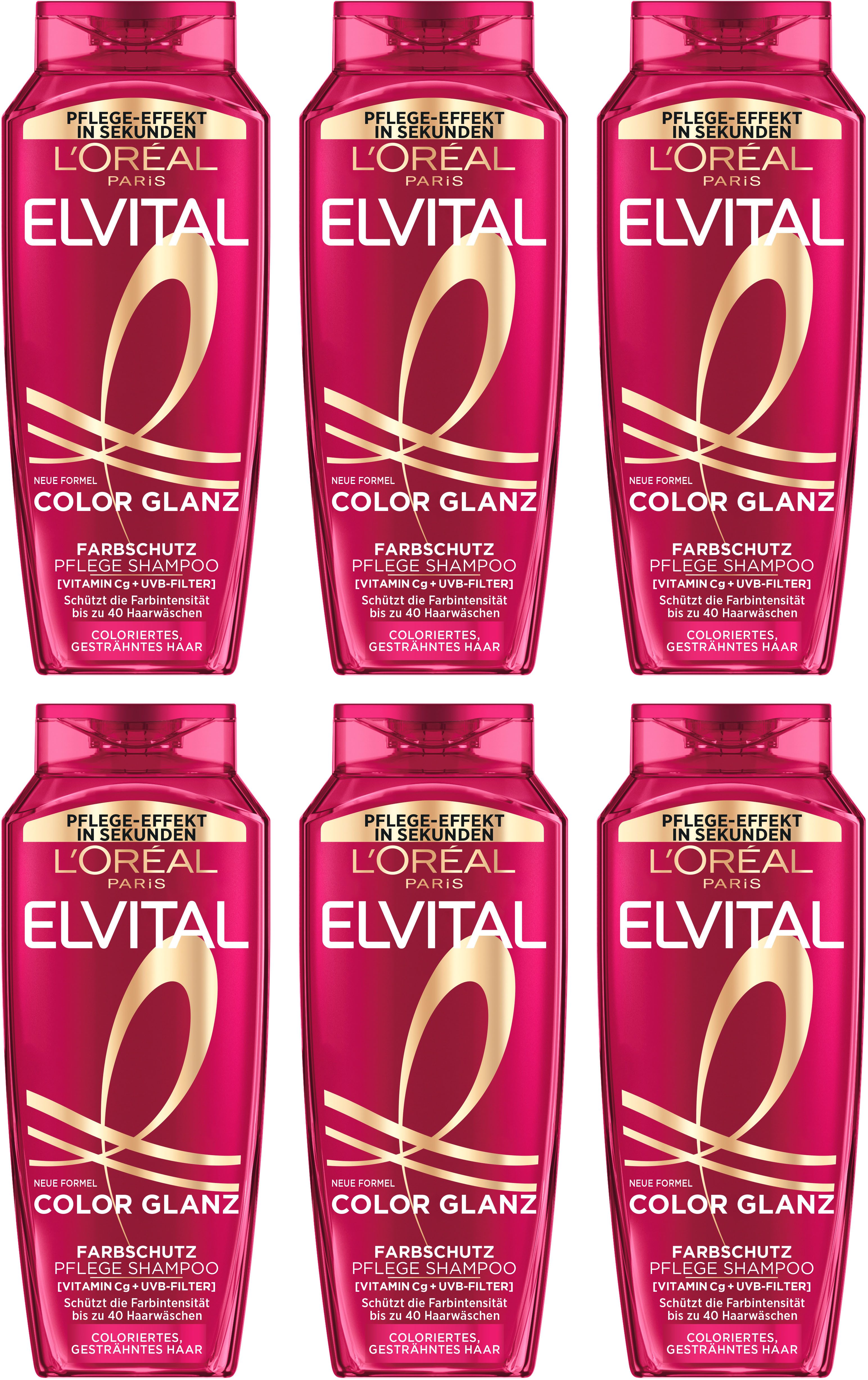 L'ORÉAL PARIS Haarshampoo L'Oréal Paris Elvital Color Glanz Pflege Shampoo, Packung, 6-tlg., Schützt die Farbintensität, Mit Vitamin Cg und UVB-Filter.