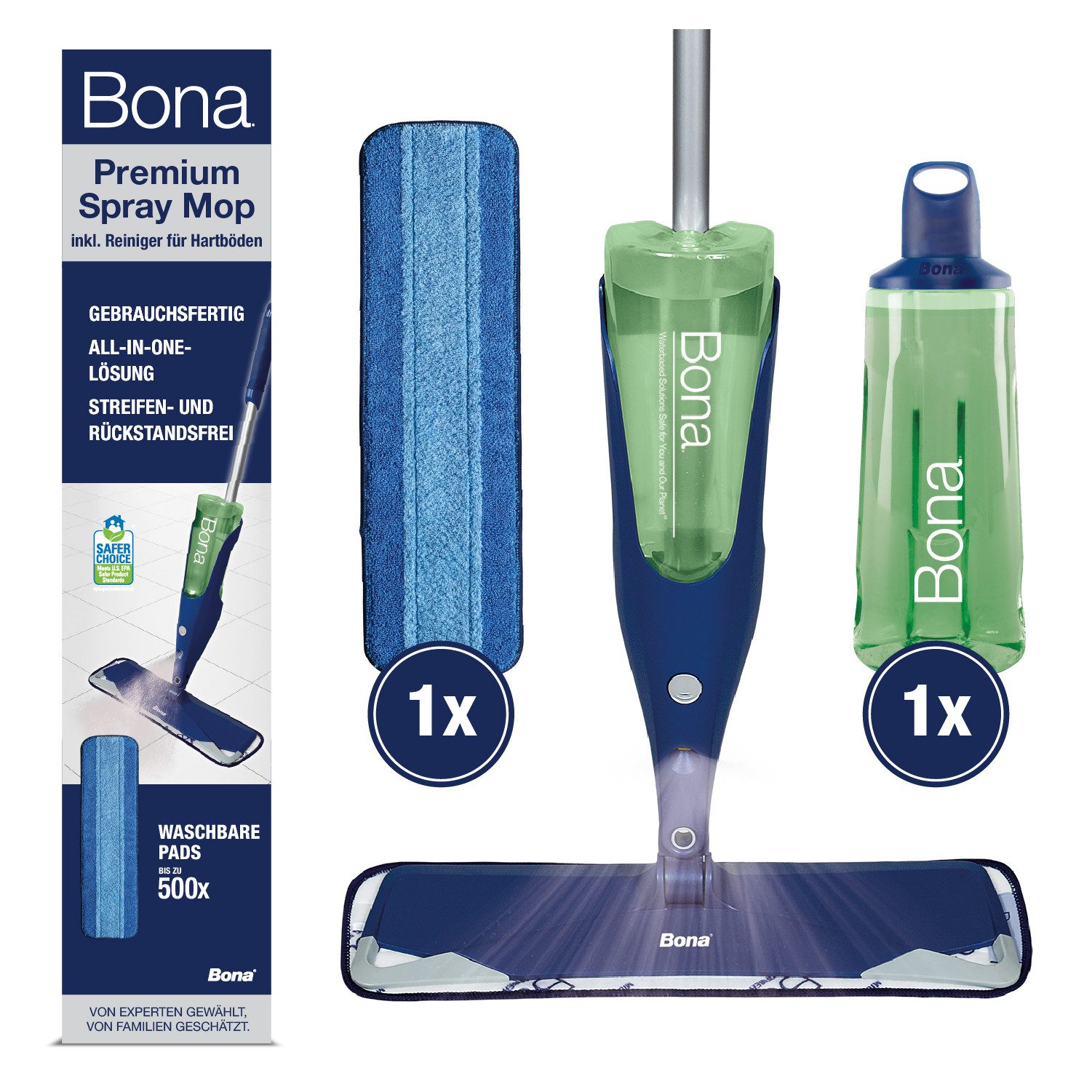 Bona Sprühwischer Premium Spray Mop mit 1050 ml Kartusche für Hartböden Rückstandsfrei, Schnell trocknend, pH-neutral