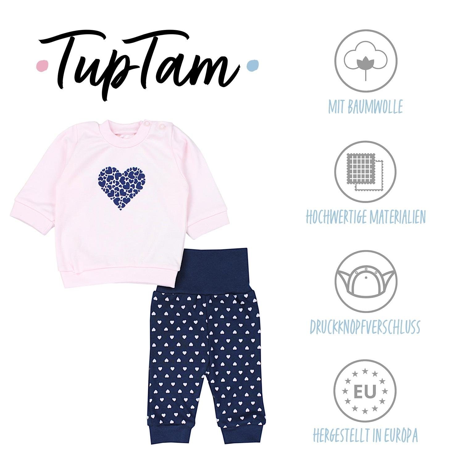 TupTam Erstausstattungspaket Baby Mädchen Babyhose mit Herzen Rosa Langarmshirt 2teilig Dunkelgrau Spruch Babykleidung