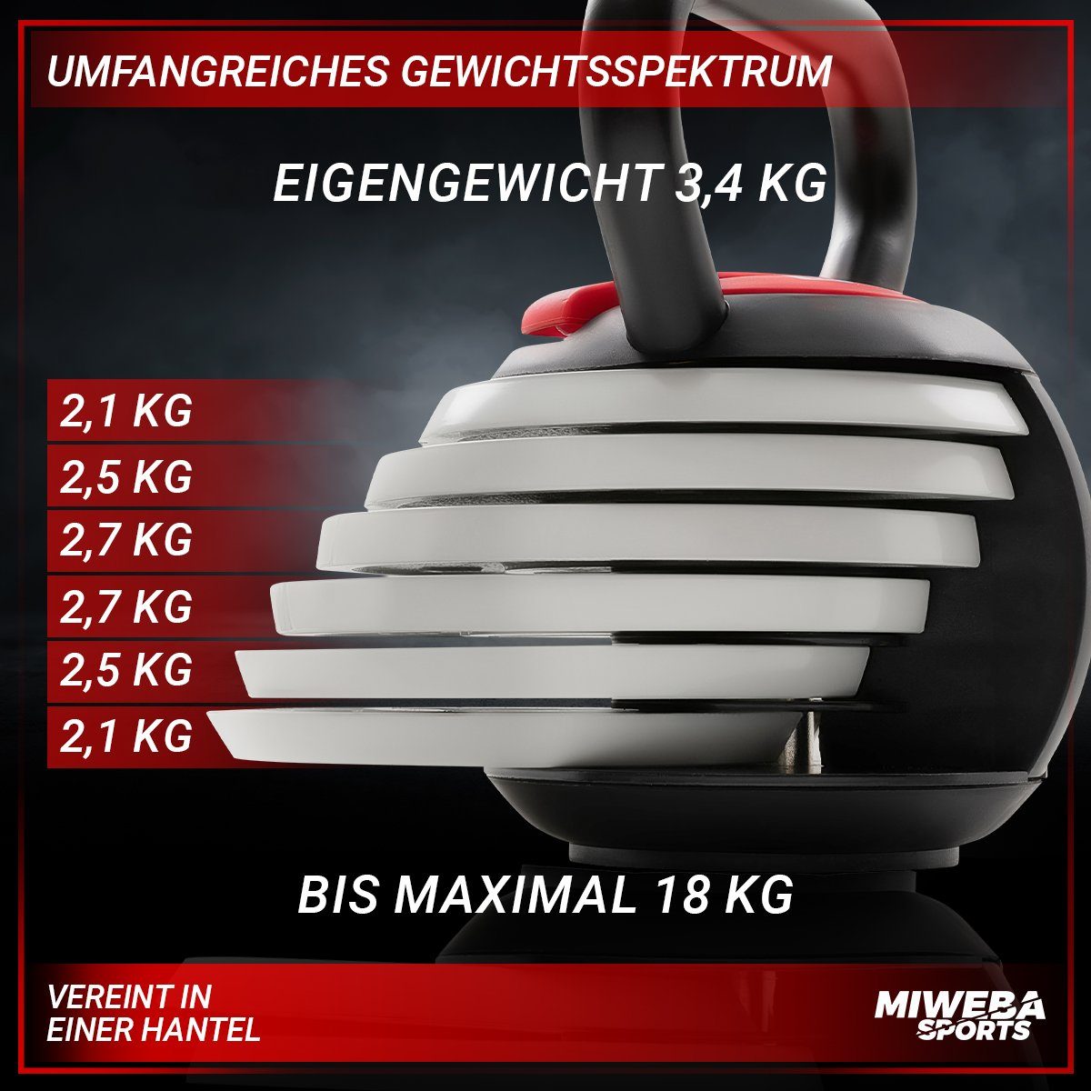 Miweba Sports Kettlebell Kettlebell KB300, verstellbare Hantel - 3,4-18 kg - 6 Gewichtscheiben, (2x 2,1 kg - 2x 2,5 kg - 2x 2,7 kg, Anti-Rutsch-Griff, Kraftraining, Kugelgewicht, Kettle Bell), Profi Fitness Sport Schwunghantel Hantel Kugelhantel Gewichte