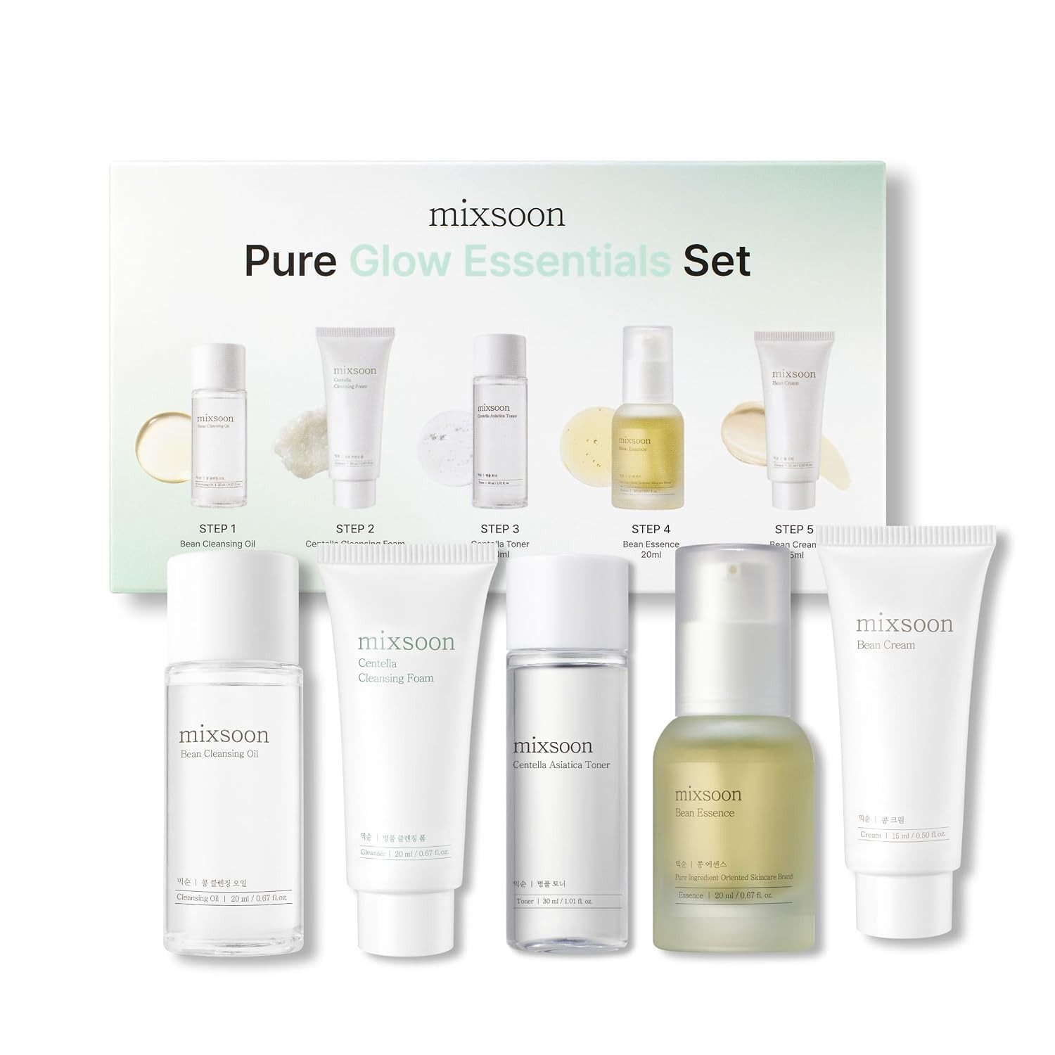 mixsoon Gesichtspflege-Set Pure Glow Essentials Set, 5-tlg., mit Centella Asiatica und 5 Reisegrößen für Gesichtspflege