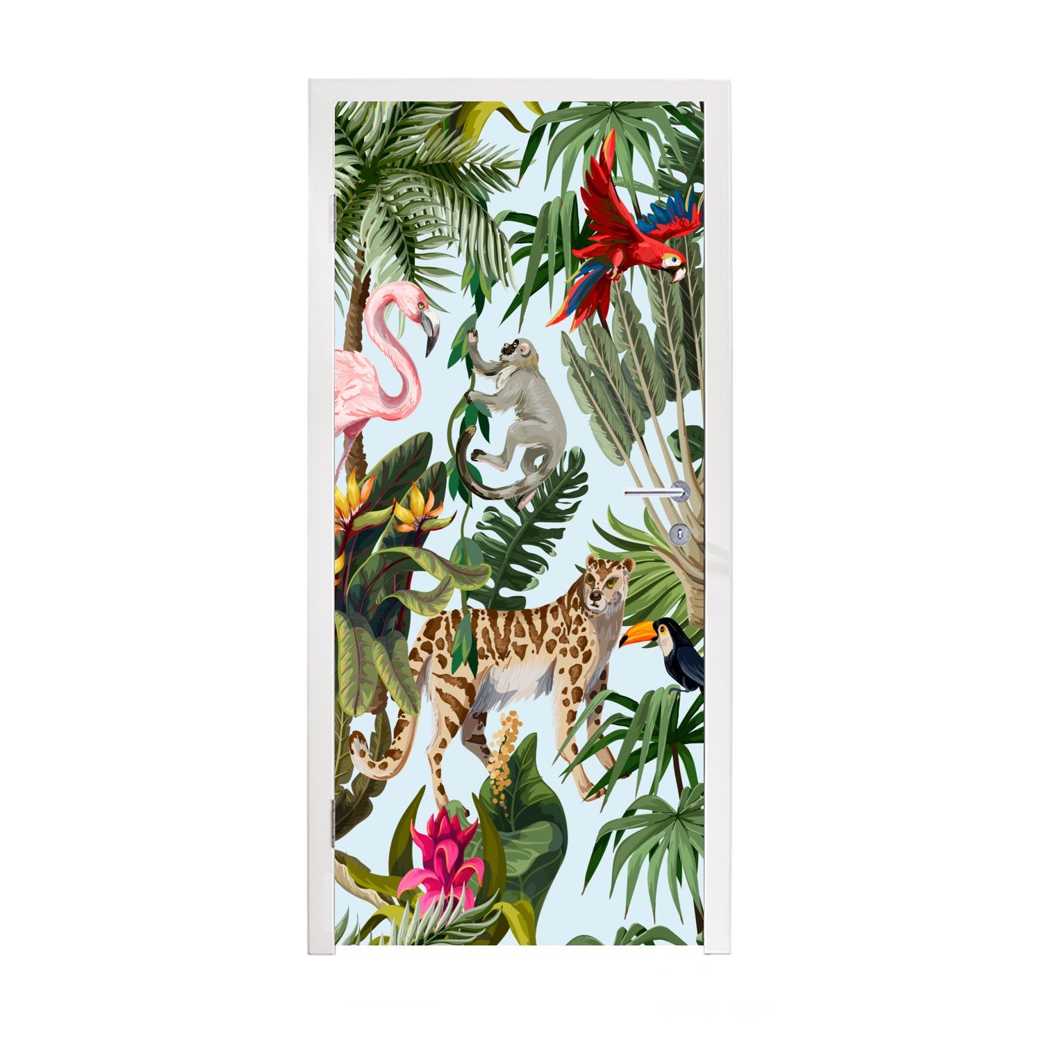 MuchoWow Türtapete Dschungel - Tiere - Mädchen - Kinder - Jungen - Flamingo - Papagei, Matt, bedruckt, (1 St), Fototapete für Tür, Türaufkleber, 75x205 cm