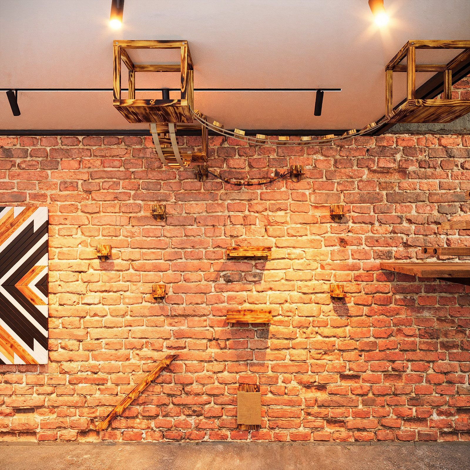 QLS Katzen-Kletterwand Deckenmontage und Wandmontage Geflammt 15-tlg., Set XXL Hängebrüke Katzenbett Katzenregal