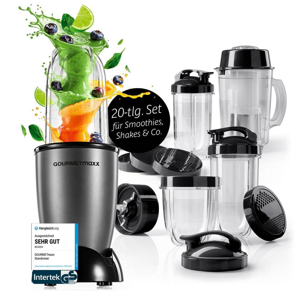 GOURMETmaxx Standmixer Mixer Mr. Magic 19-tlg. 400W anthrazit/schwarz, 400 W, inkl. Zubehör-Set L rot Speisen Smoothies Getränke 4 Mixbecher To-Go