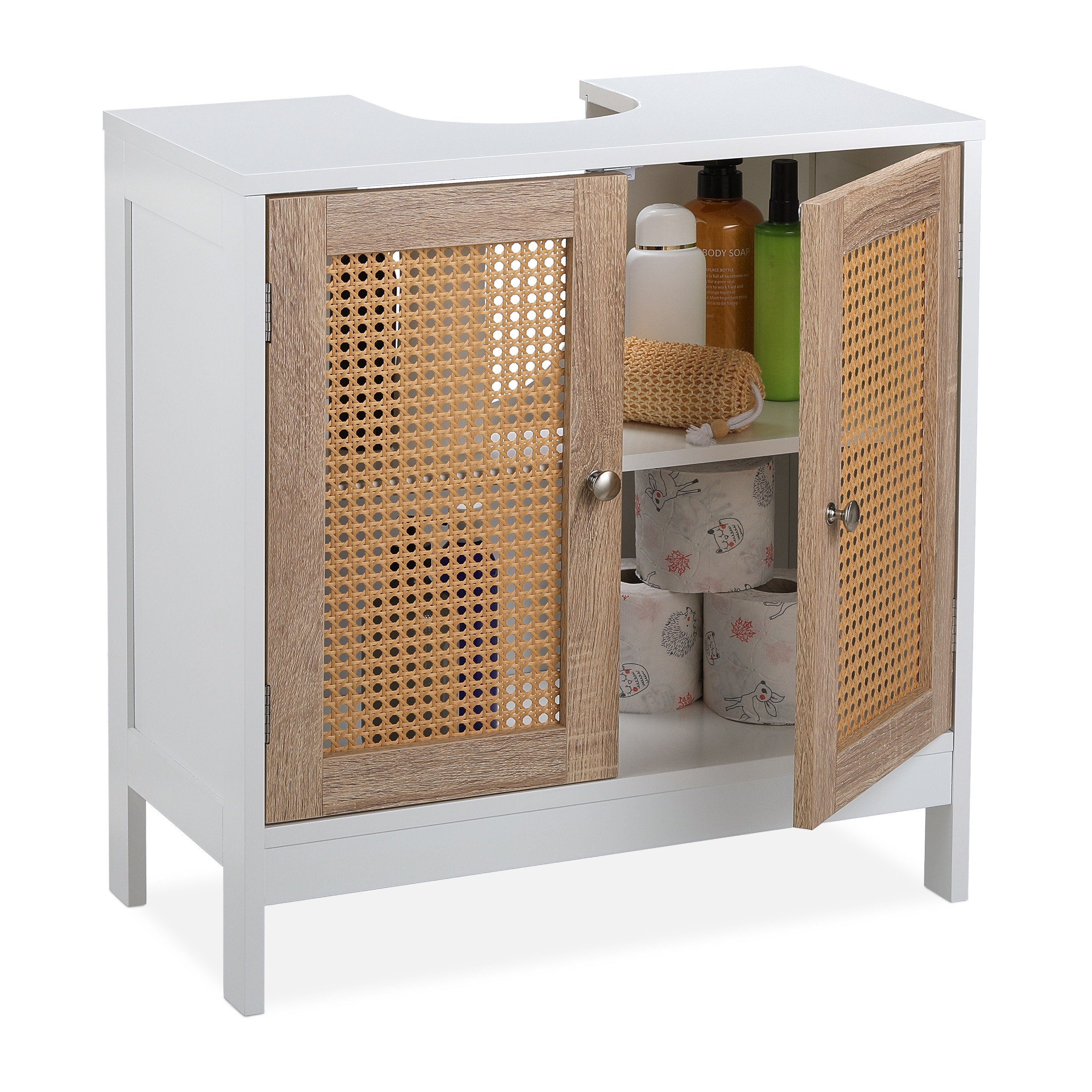 relaxdays Waschbeckenunterschrank Waschbeckenunterschrank mit Rattan-Türen