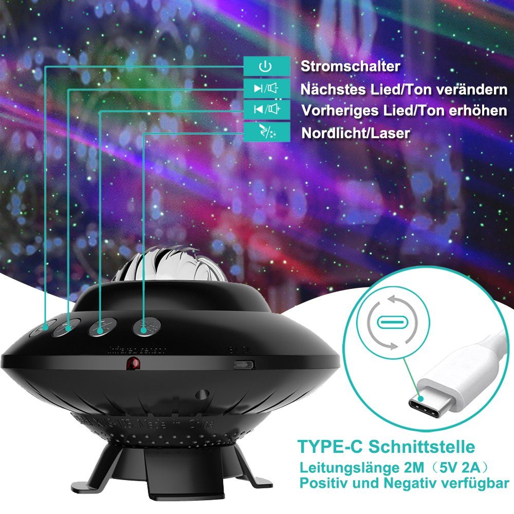 XIIW LED Nachtlicht Sternenhimmel Projektor, Funktion/Fernbedienung 3D Sternenprojektor, Nachtlicht Musik Player/Timing Galaxy Shwarz-UFO LED mit