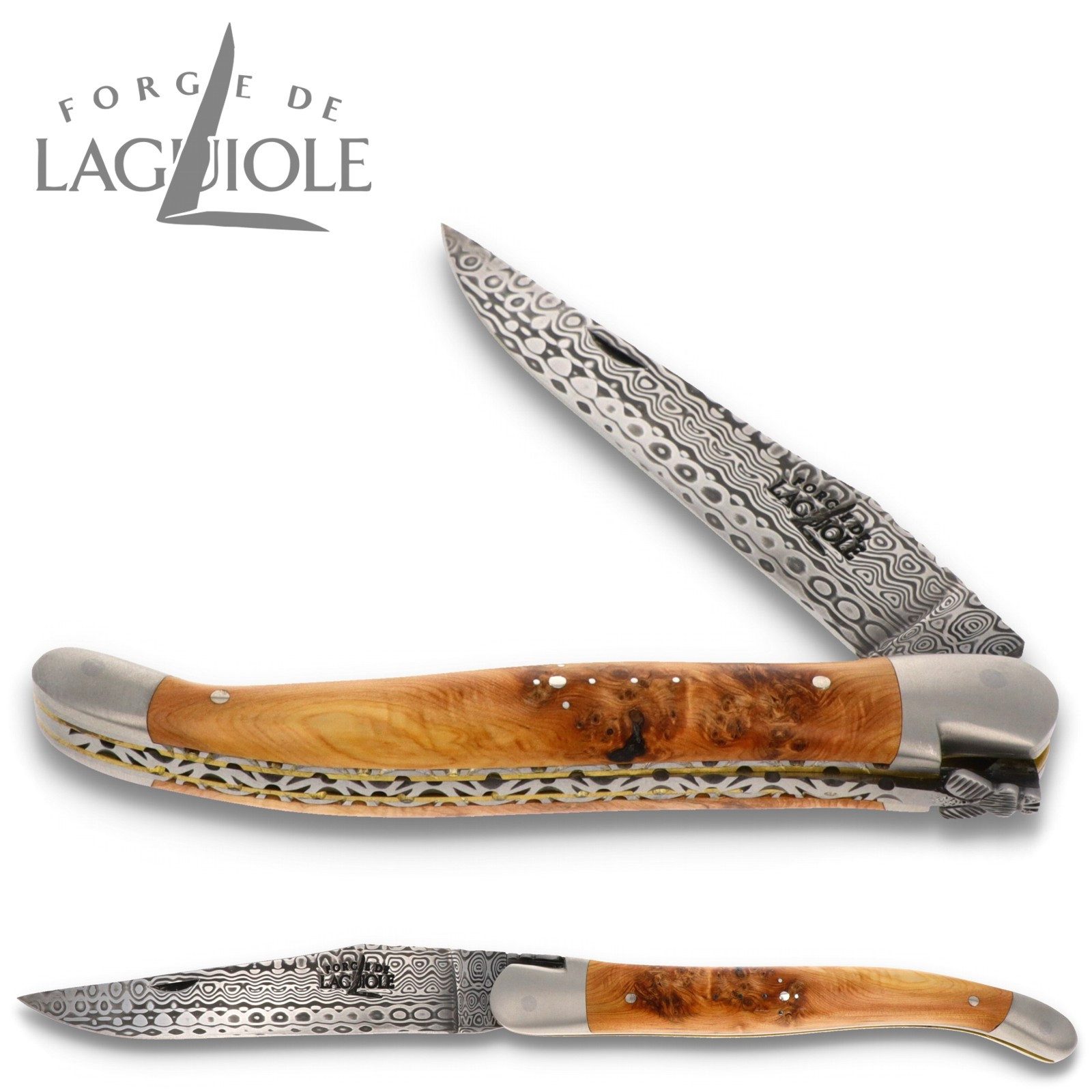 Forge de Laguiole Taschenmesser 1212 F IN GE SAT DP DIN RO, Griff 12cm Wacholder - Damastklinge - Doppelplatine - Backen satiniert