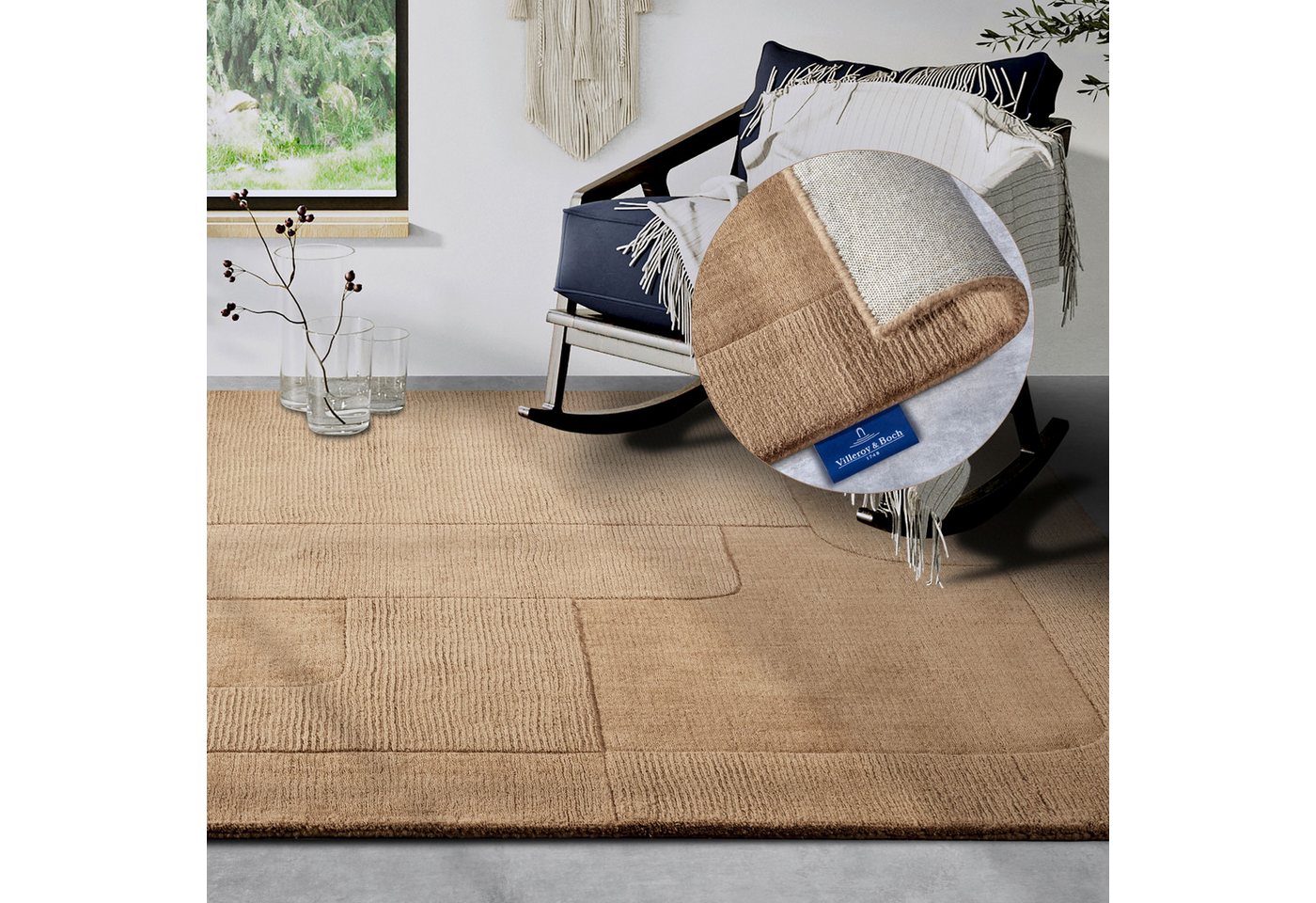 Villeroy & Boch Wollteppich Charlotte, rechteckig, Höhe: 10 mm, Läufer, Handgewebt, Wolle, Natur, Läufer, Wohnzimmer, Geometrie