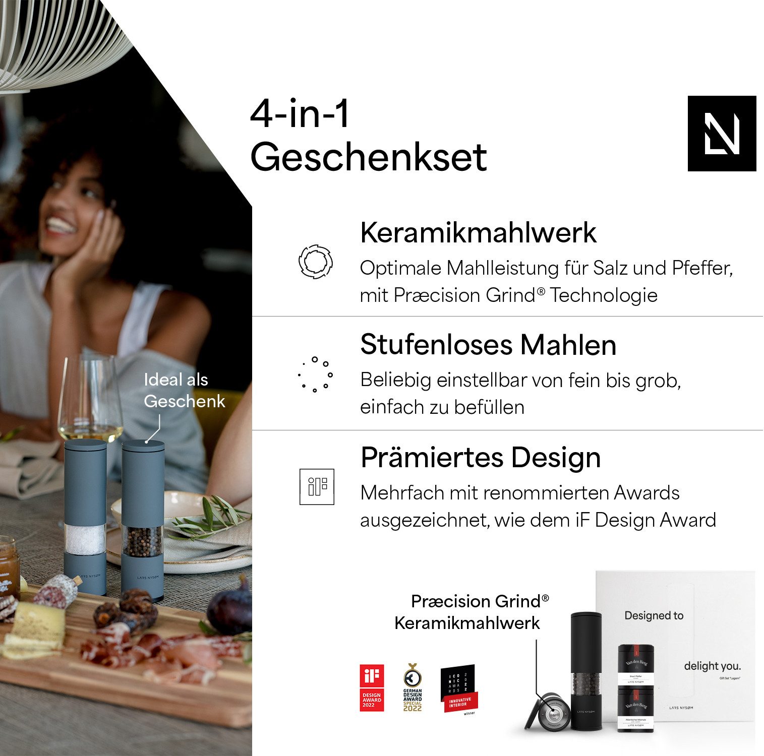 LARS NYSØM Gewürzmühle Lagom manuelle Bedienung, (2 Stück), Hochwertiges Geschenkset mit 2 Mühlen und 2 Gewürzen