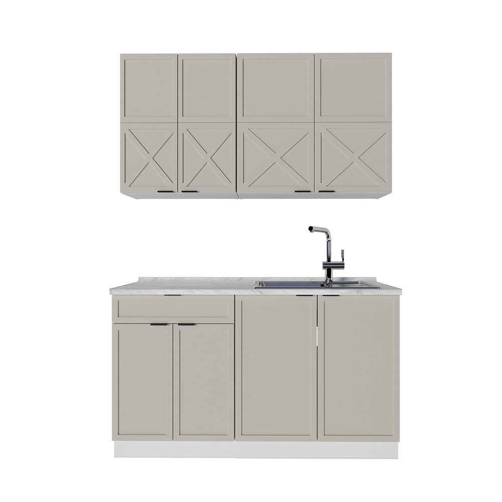 Vicco Küchenzeile Fame-Line, GrauBeige/Weiß/Weiß, 140 cm, AP Marmor
