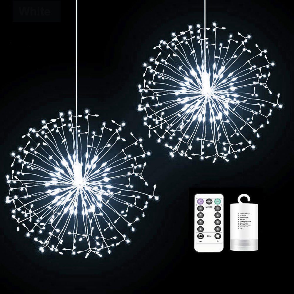 Rosnek LED-Lichterkette Feuerwerk, 198LEDs, Wasserdicht, Timer, Für Hochzeit Weihnachtsdeko, Fernbedienung, Kupferdraht, Batterie Weiß