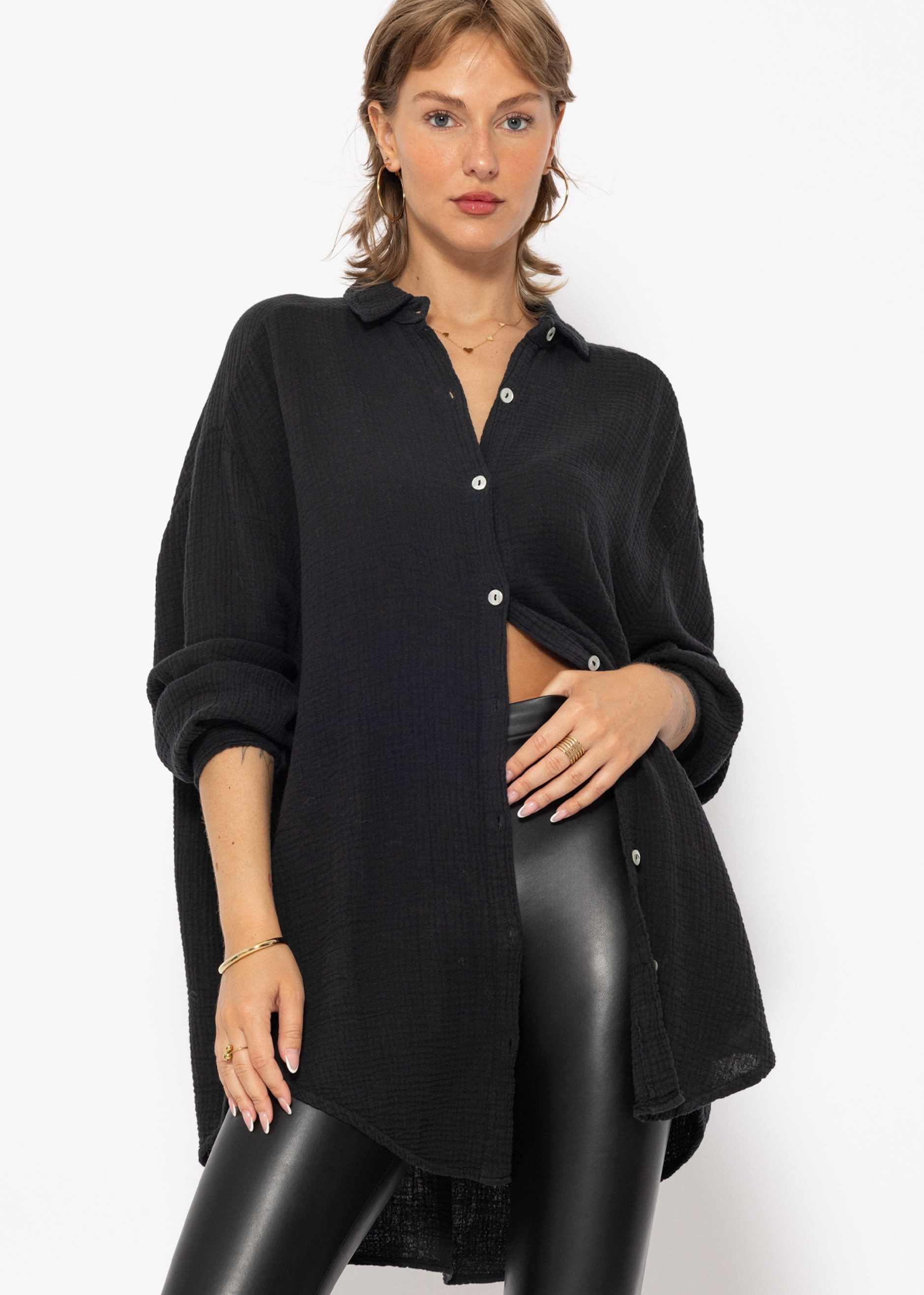 Longbluse Oversize Musselin Bluse Damen Langarm Elegant