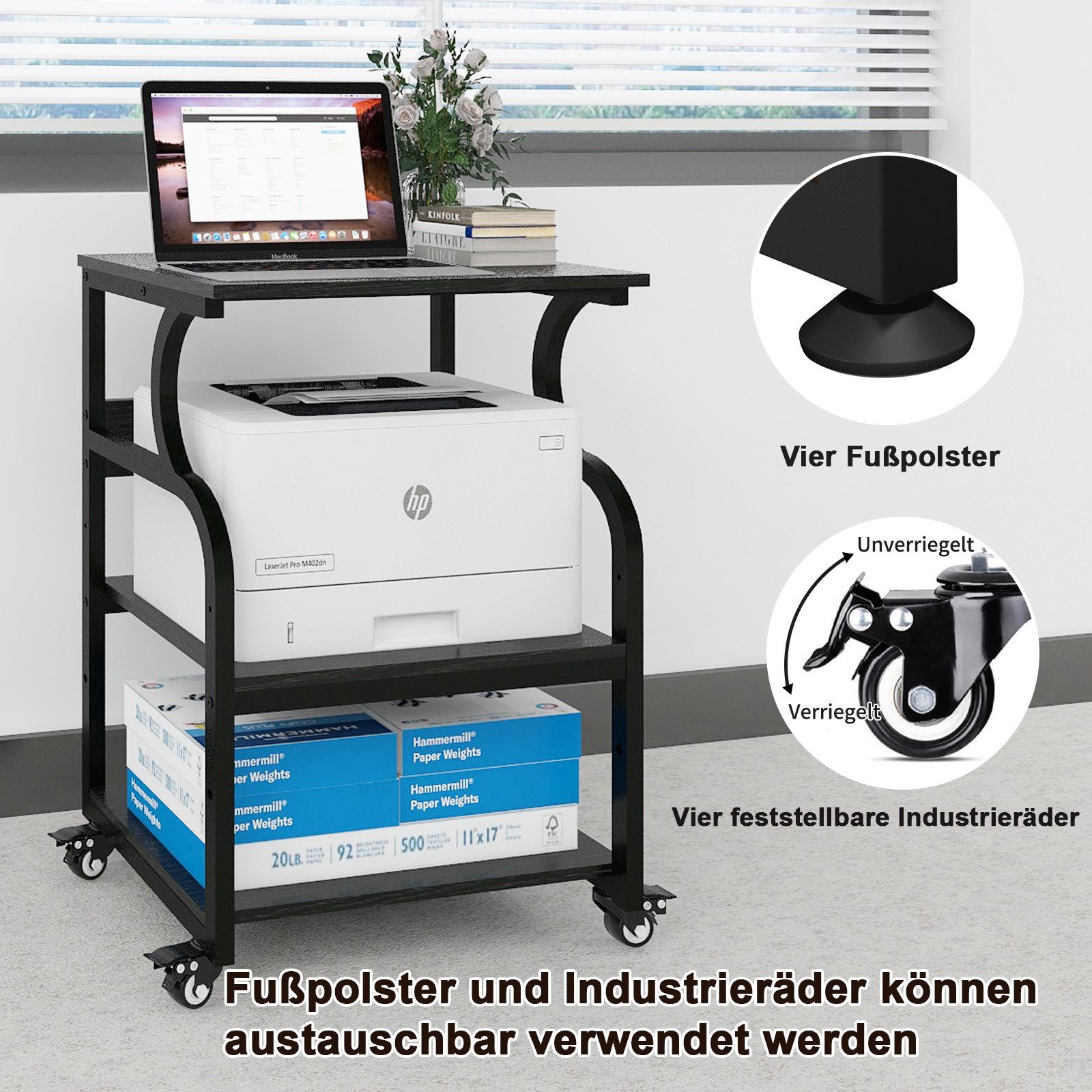 PUNCIA Druckertisch 3 Schichten Heim Büro mit Raddrucker Aufbewahrungshalter Tisch (1-St), Mobiler Druckwagen aus Holz & Metall – Bild 5 von 5
