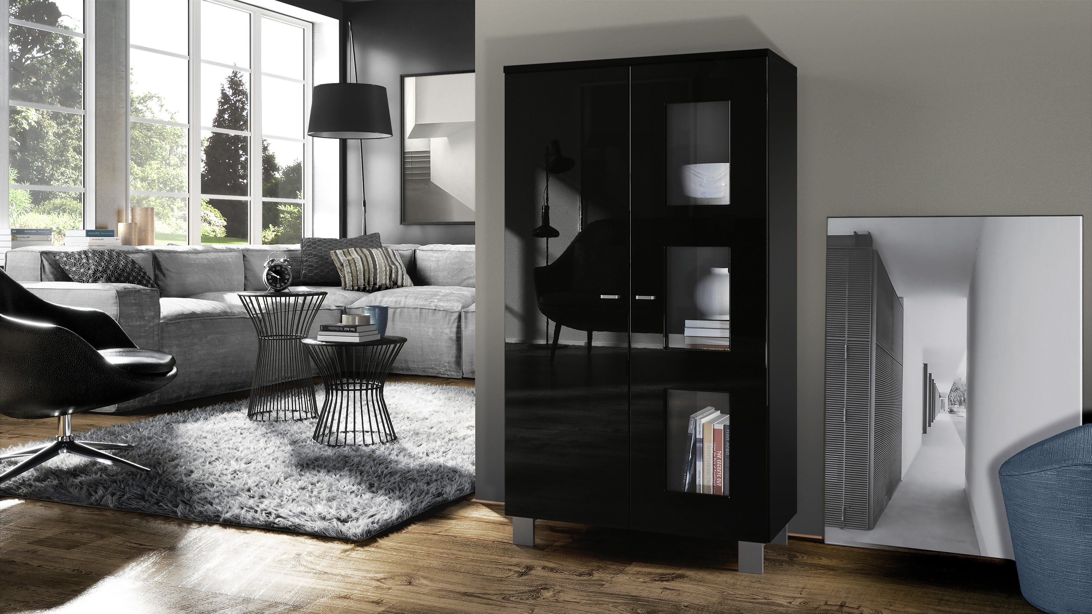 Vladon Standvitrine Denjo (Standvitrine, mit 2 Türen und 3 Glaseinsätzen) Schwarz matt/Schwarz Hochglanz (71 x 129 x 35 cm)