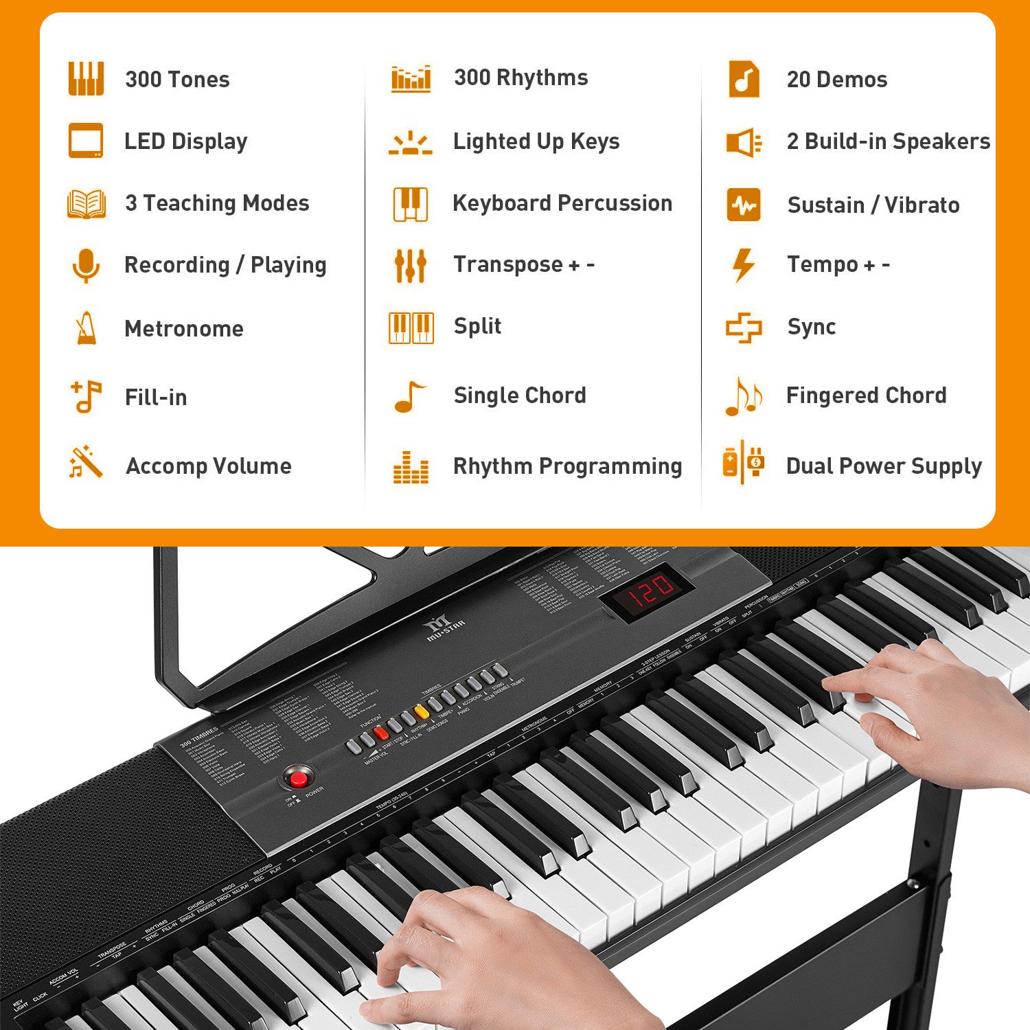 MUSTAR Digitalpiano mit Leuchttasten und Lautsprechern, 61-Tasten für Anfänger (1-St), mit Kopfhörer und Mikrofon, 300 Klänge & einfache Musiklektionen – Bild 5 von 5