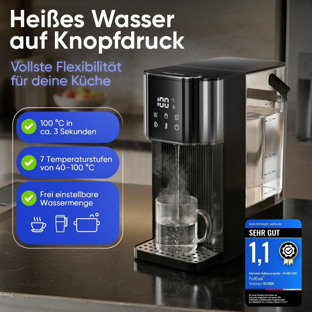 ProfiCook Heißwasserspender PC-HWS 1320, 100°C in 3 Sek., Babynahrung geeignet, 40-100°C