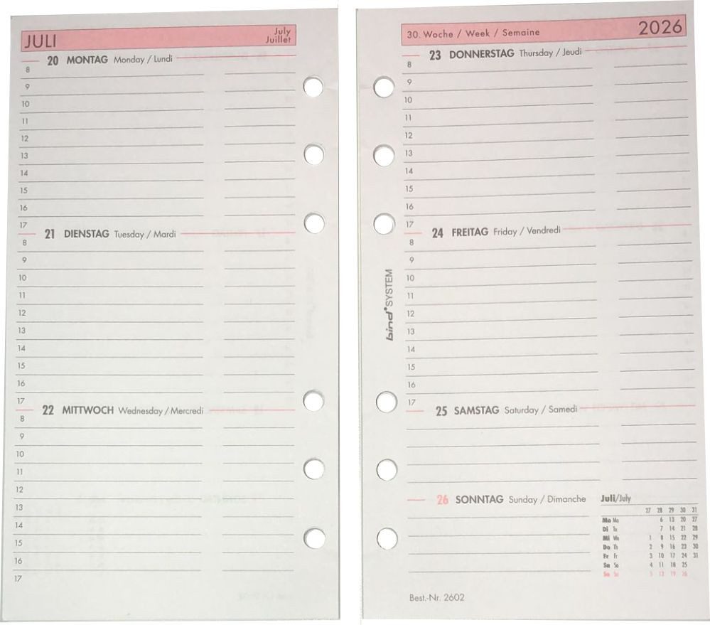 JÜSCHA Terminkalender bind B-2602 Kalendereinlage 2026 A6 (Wochenplaner)