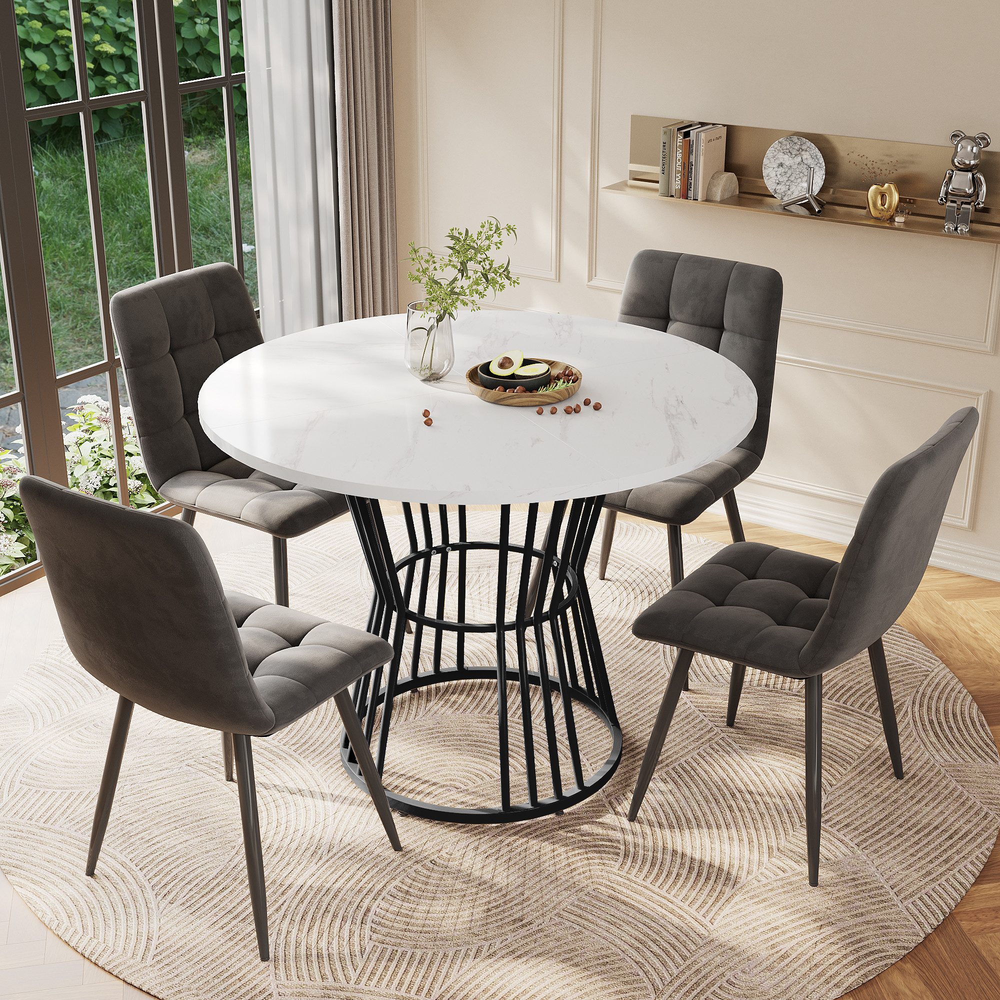 i@home Essgruppe Esstisch-Set, Esstisch mit 4 Stühlen, Küchentisch-Set, 100x100x75 cm, (5-tlg., 1 Tsich, 4 Stühle), runder Esstisch mit 100cm Durchmesser und schwarzen Metallbeinen