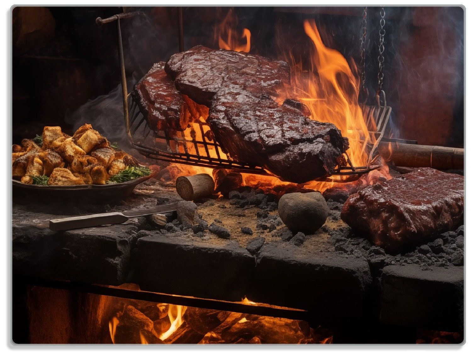 Wallario Schneidebrett Urige Grillkunst: Steakschmiede, ESG-Sicherheitsglas, (inkl. rutschfester Gummifüße 4mm, 1-St), 30x40cm