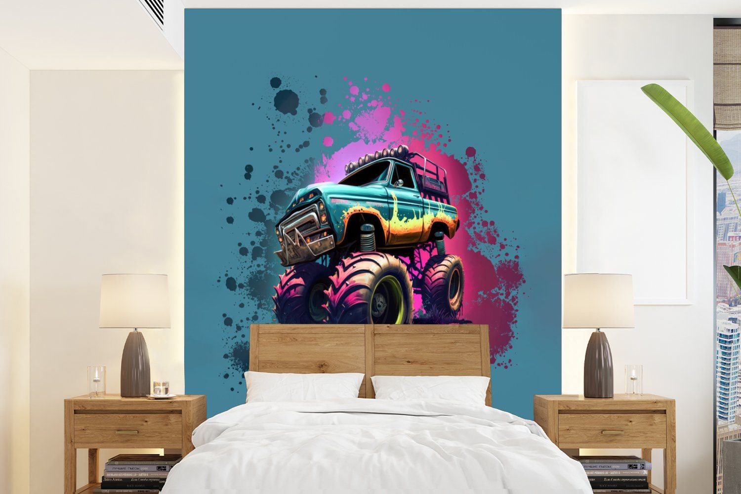MuchoWow Fototapete Monstertruck - Farbe - Graffiti - Rosa - Neon, Matt, bedruckt, (4 St), Montagefertig Vinyl Tapete für Wohnzimmer, Wandtapete