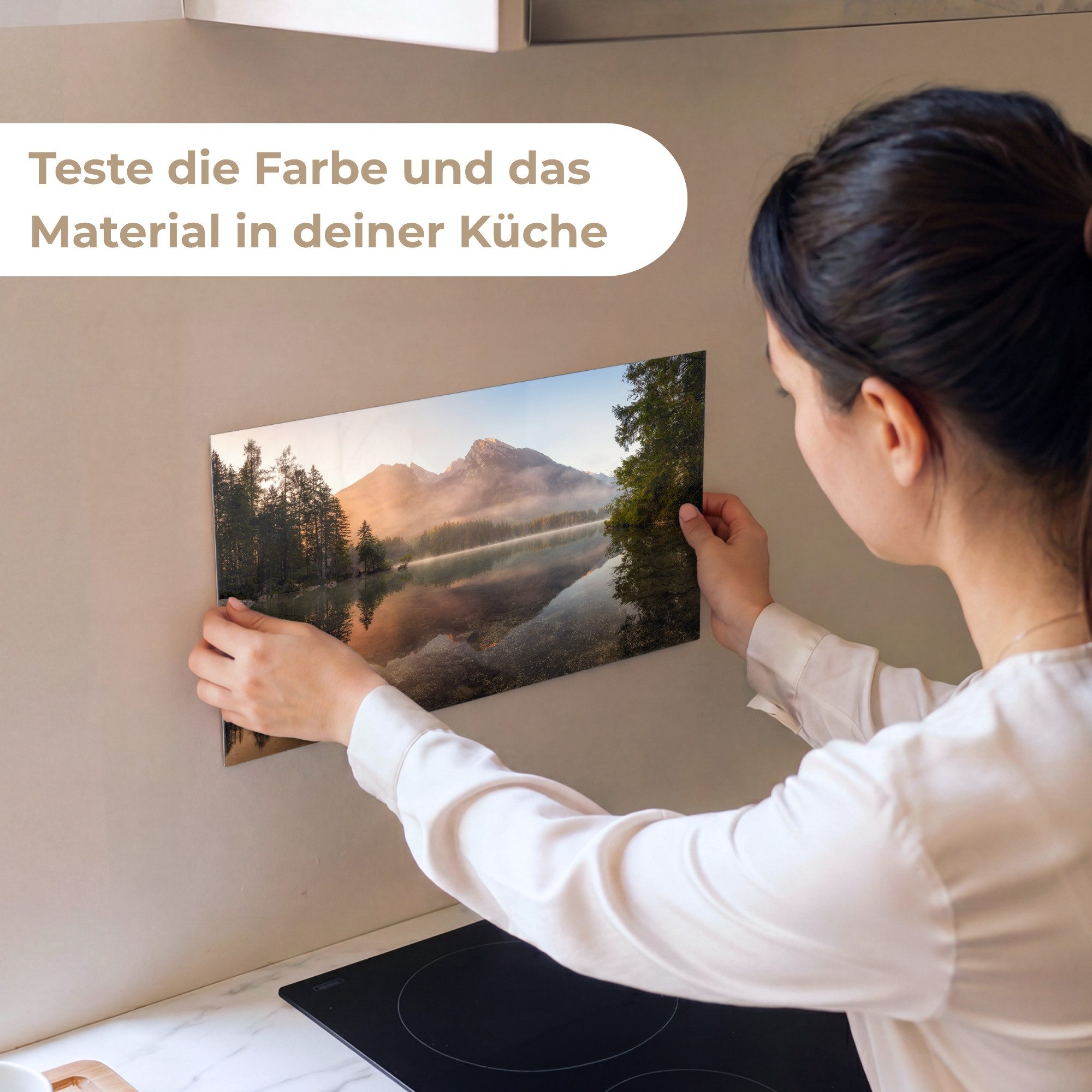 KitchenYeah Küchenrückwand Muster selbstklebend (keine Folie) Landschaft - Nebel - Wasser - Bäume, (1-tlg), Spritzschutz, Küche, Rückwand, Küchenwand, Küchenfront, 30x20 cm