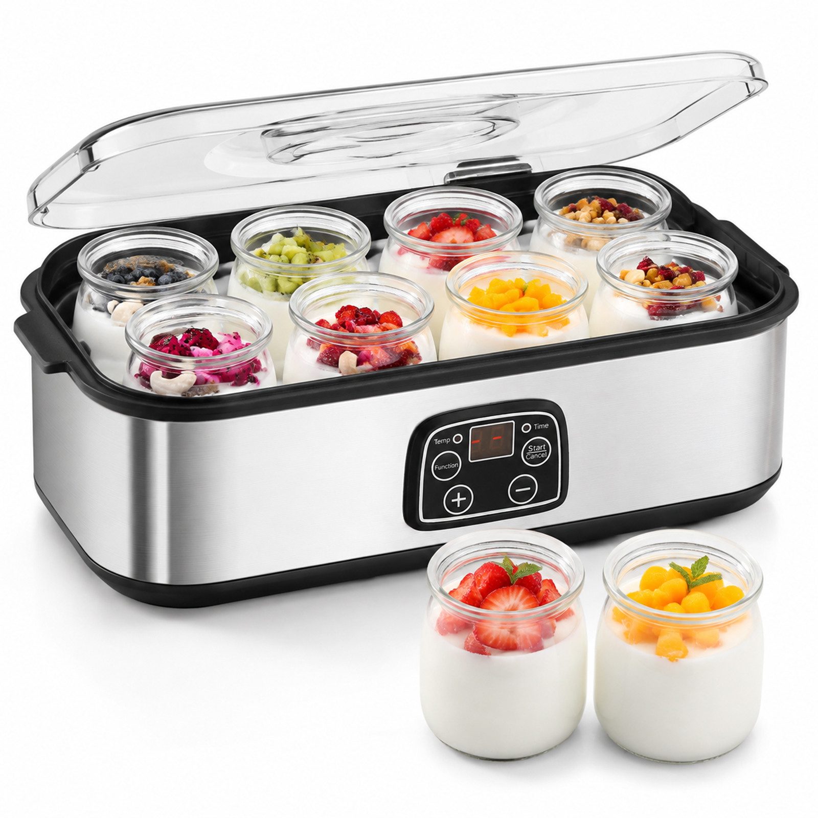 Ledklang Joghurtbereiter 8 Glasbechern (180 ml) Elektrischer Joghurtmaker aus Edelstahl Timer, 8 Portionsbehälter, je 1440 ml, einstellbarem Thermostat und Digitaldisplay