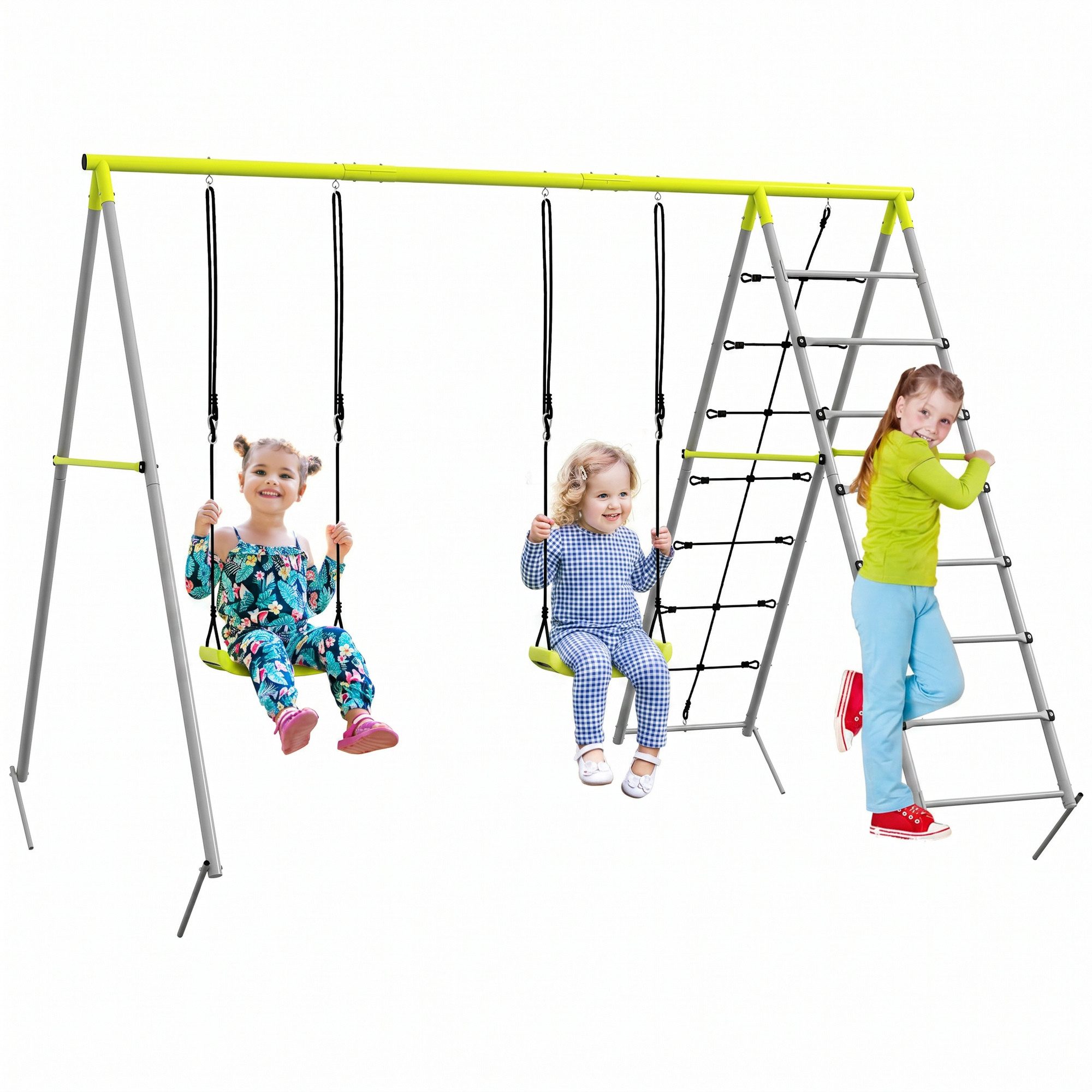 Outsunny Einzelschaukel Kinderschaukel, Kletternetz, Schaukelgerüst, 3-8 Jahre Kinder, (Gartenschaukel, 1-tlg., Schaukelgestell), für Garten, Balkon, Grün
