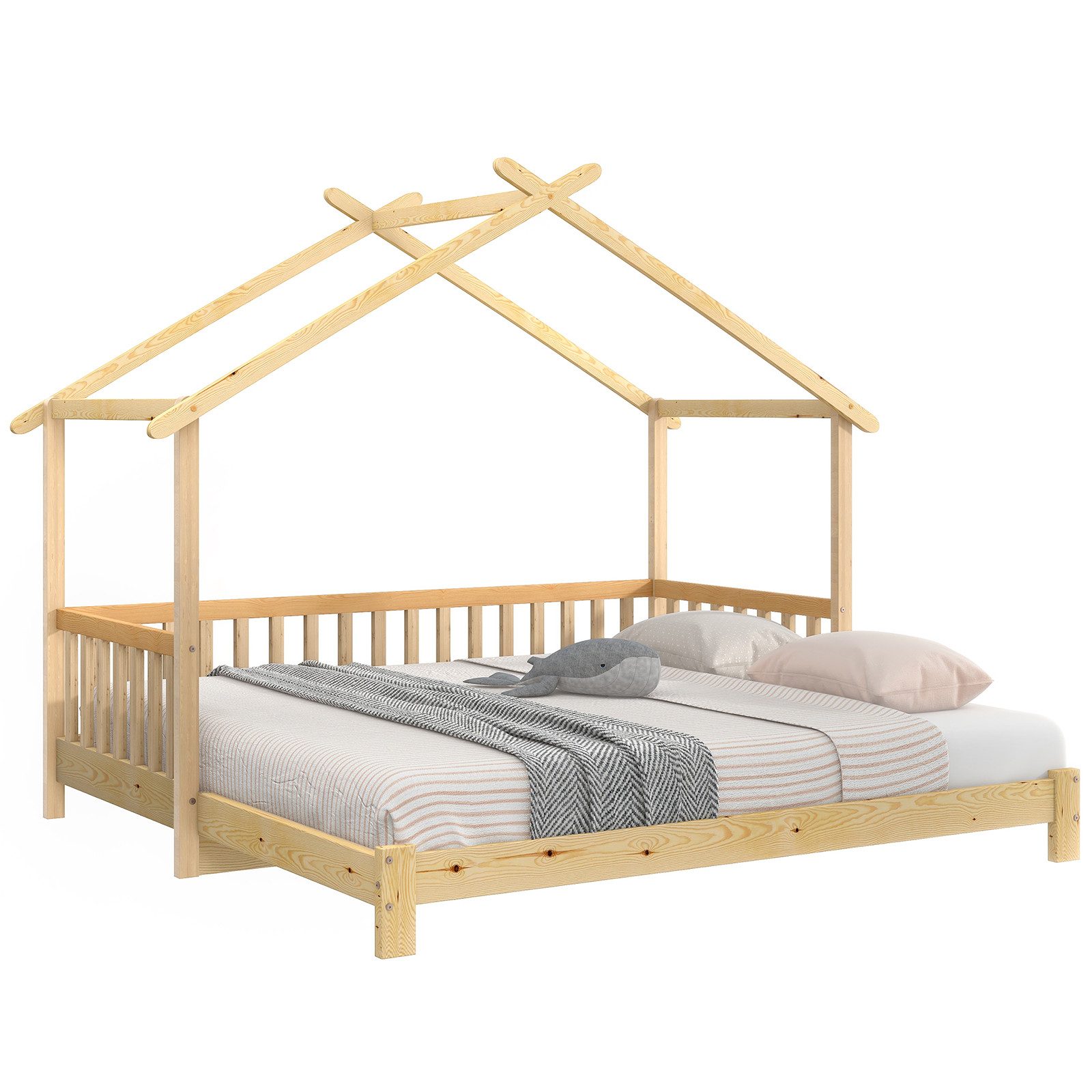 Hausbett Erweiterbares Baumhausbett mit Dachdesign, 90x200cm/180x200cm