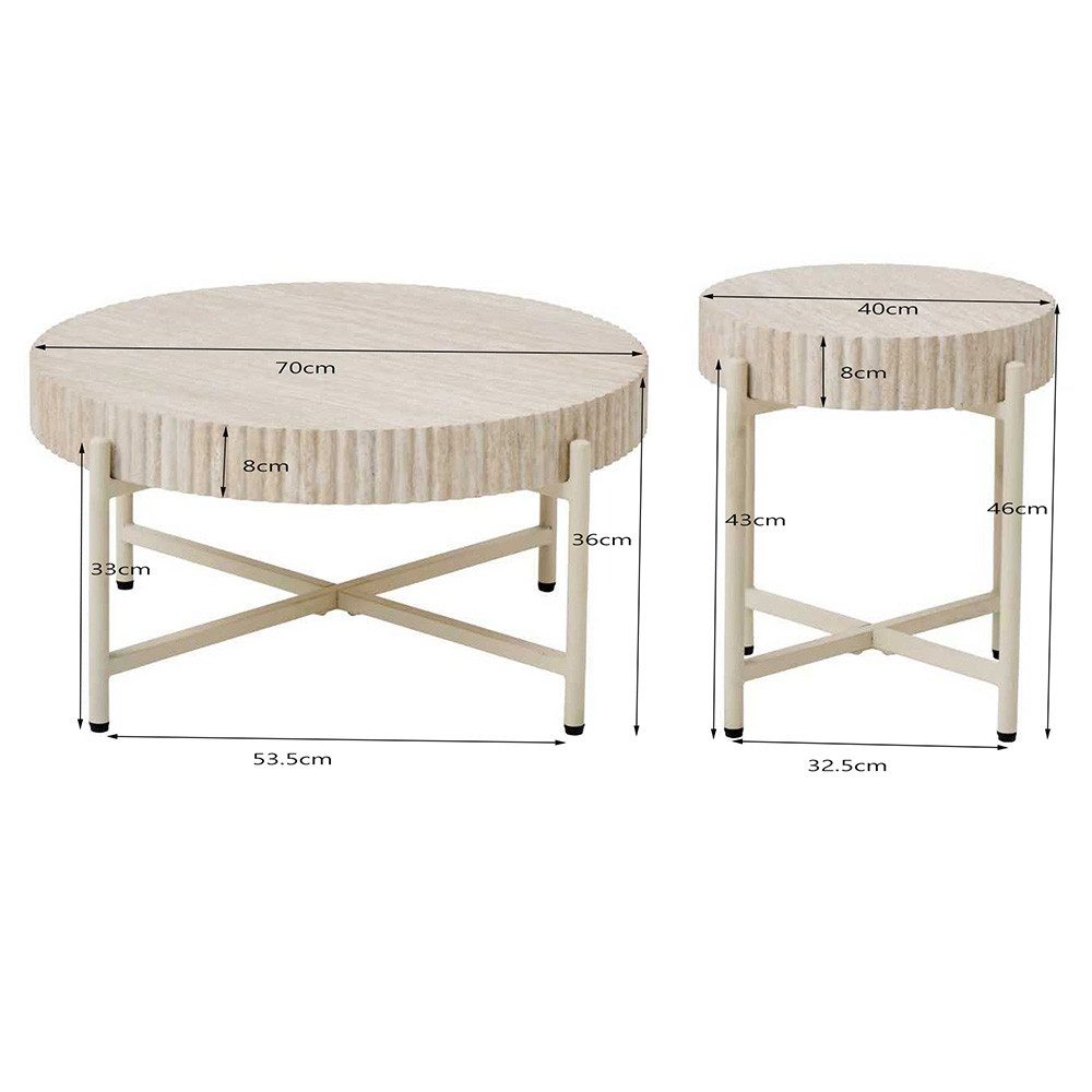 PPkrimnel Couchtisch Beistelltisch 2er-Set, Travertin-Optik, 70x36cm & 40x46cm (2-St), Metallrahmen für Wohnzimmer, Schlafzimmer und Büro