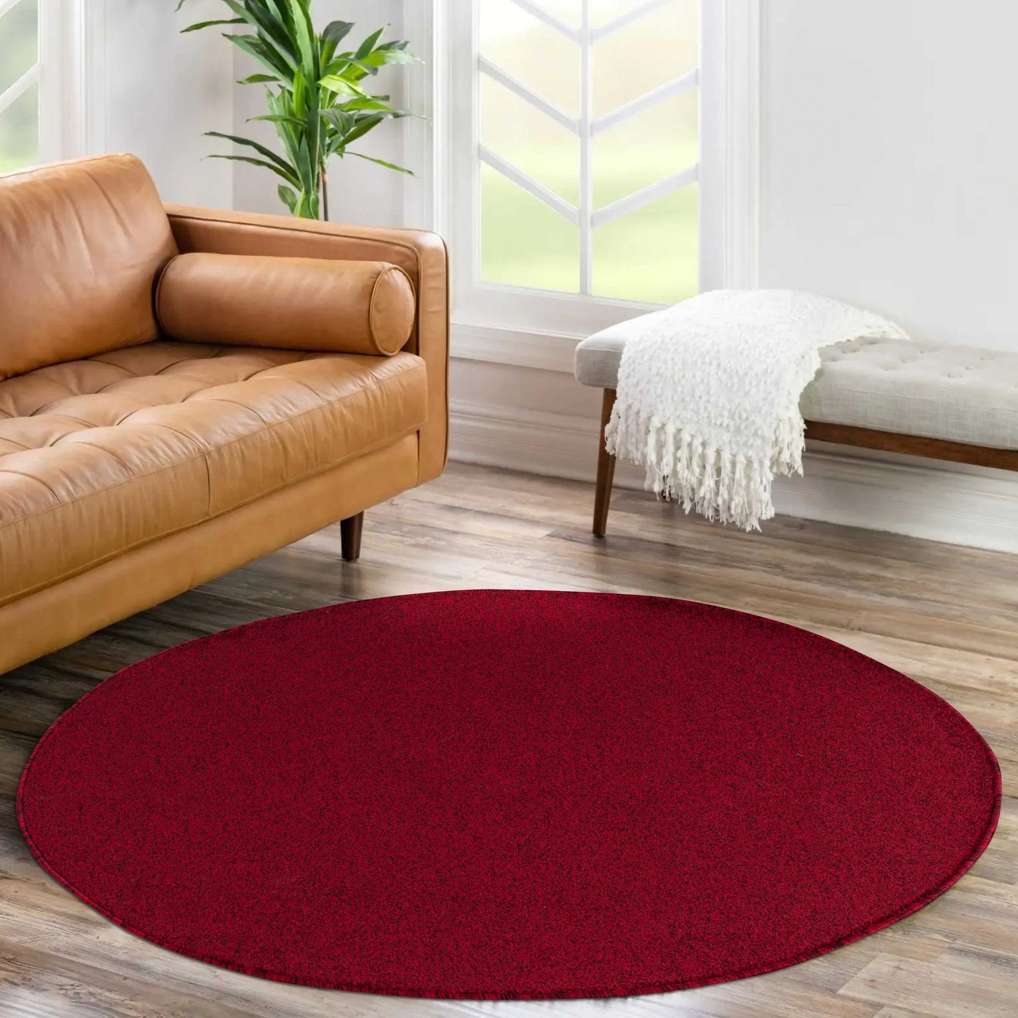 Veloursteppich Unicolor - Einfarbig, Carpetsale24, Rund, Höhe: 11 mm, Einfarbig Kurzflor Runder Teppich Wohnzimmer Flauschig Weich Rot