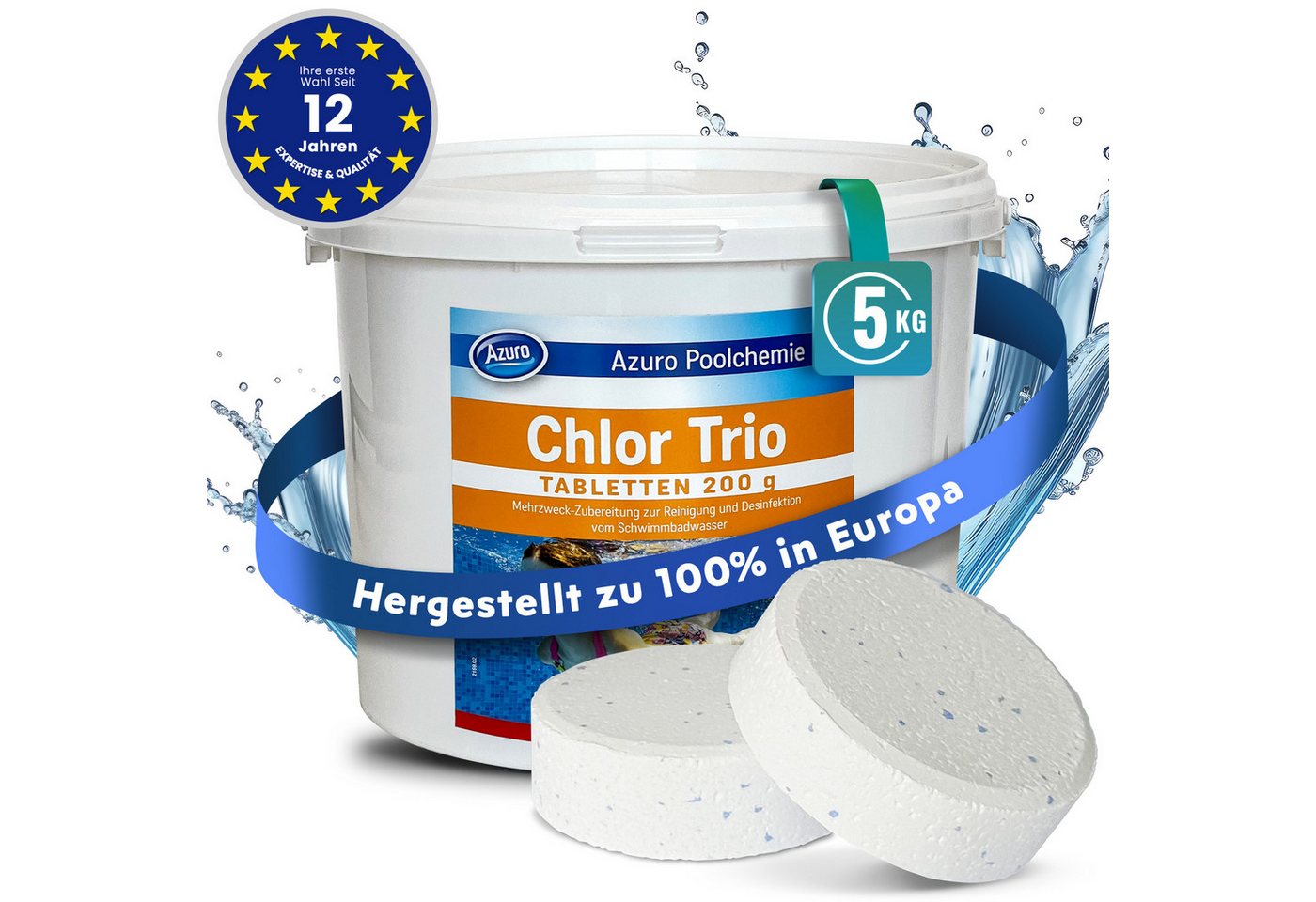 Azuro Chlortabletten Poolpflege Chlortabs 200g langsamlöslich, Chlor Langzeittabletten, (1kg, 3kg, 5kg, Hergestellt in Europa), zur dauerhaften Chlorung von Pool und Schwimmbad), Hochwirksam gegen Bakterien und Pilze